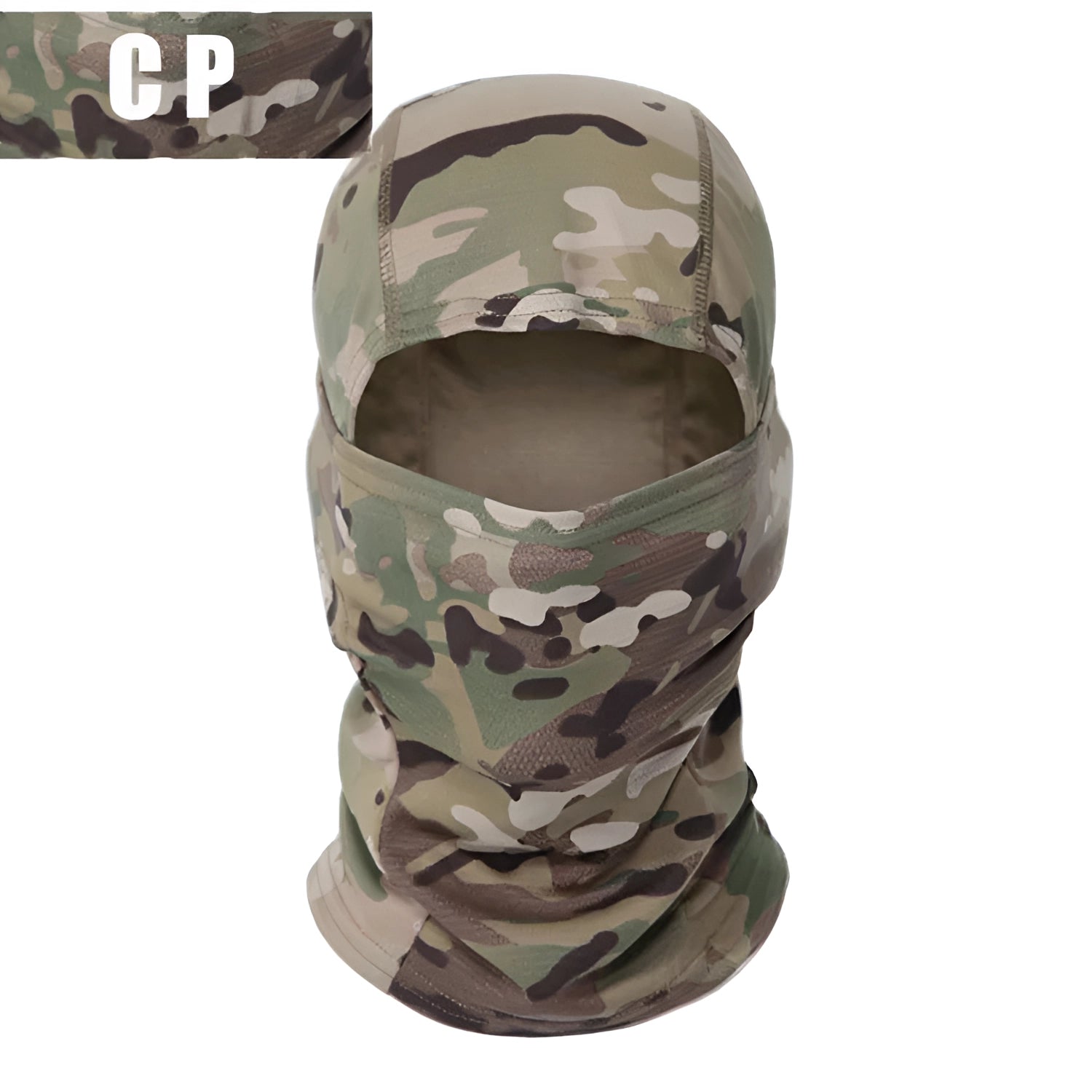 Full-face tactical camouflage balaclava in CP pattern, designed for breathability, windproof, and thermal protection, shown on a mannequin head.