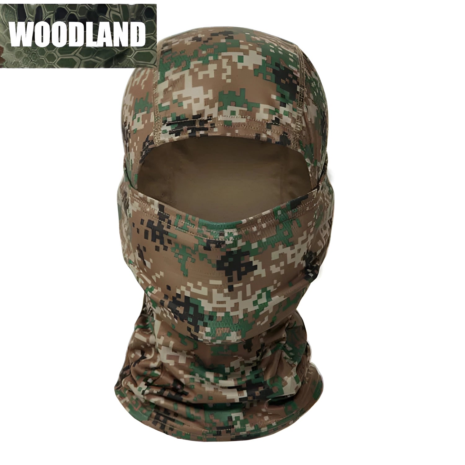 Full-face tactical camouflage balaclava in woodland pattern, covering head and neck, designed for breathability, windproofing, and thermal insulation.