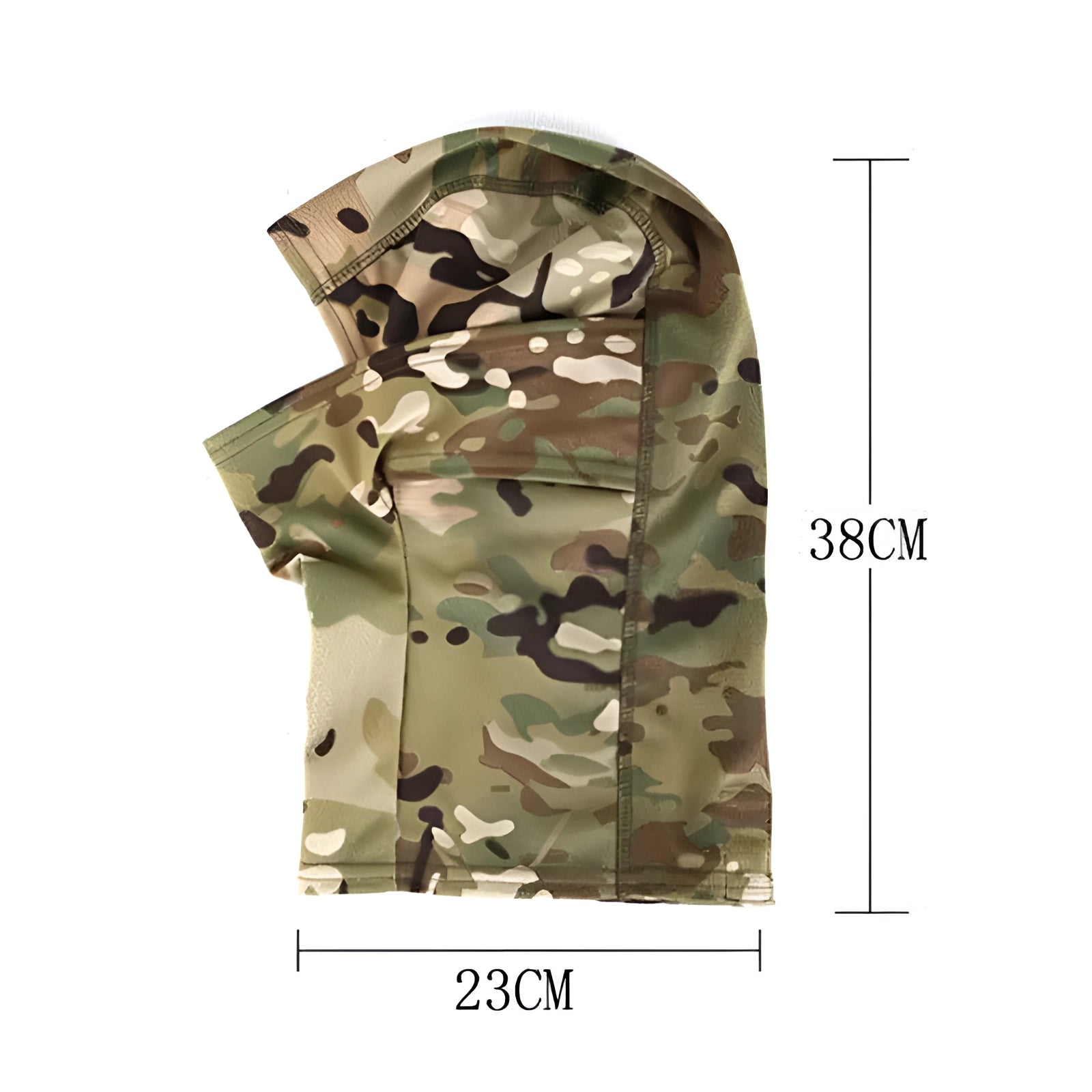 Full-face camouflage balaclava with tactical design, breathable and windproof material, shown outdoors against a natural backdrop with trees.