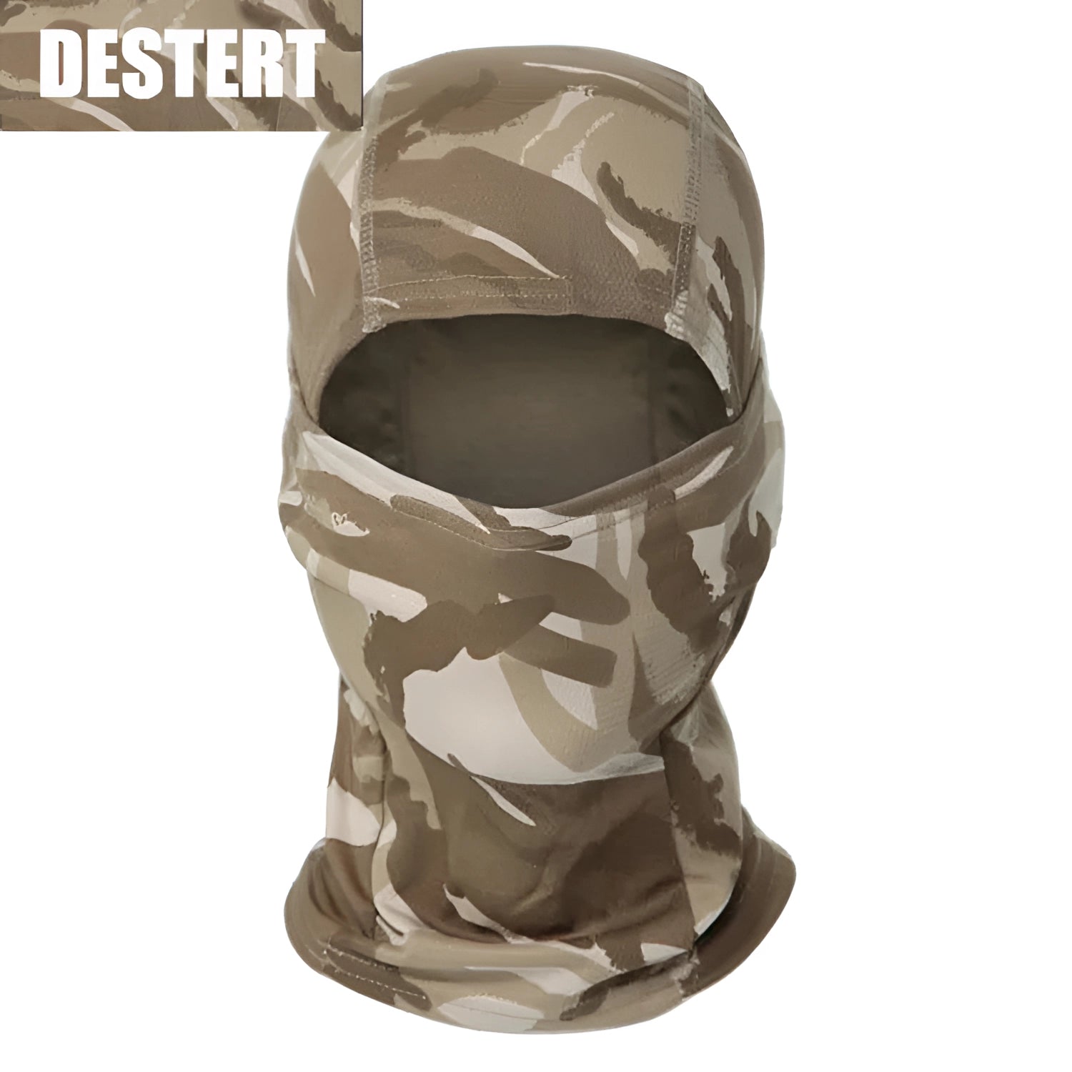 Full-face tactical camouflage balaclava in desert pattern, breathable and windproof, designed for thermal protection and military use.