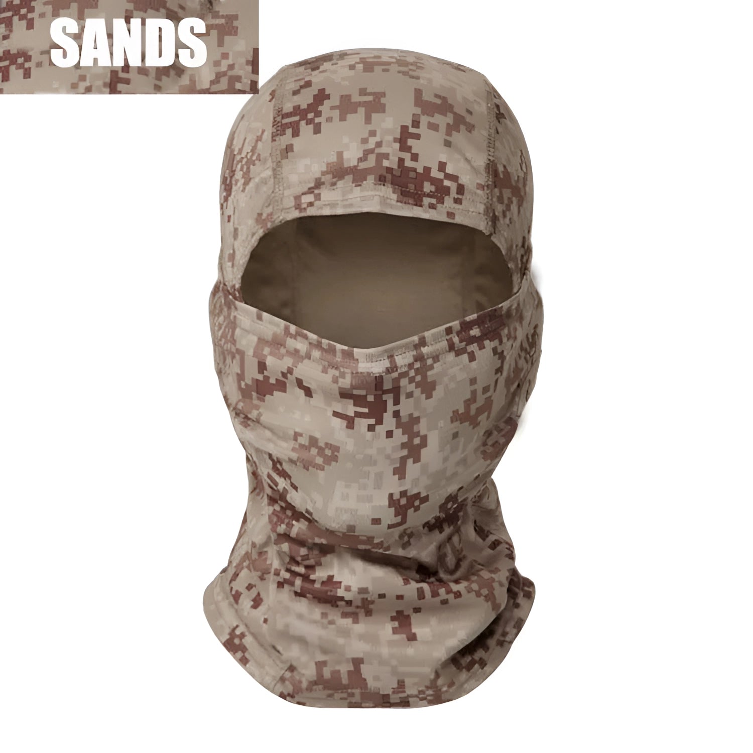 Full-Face Tactical Camouflage Balaclava in Sands color, worn by a person, featuring breathable, windproof, and thermal materials with a military camouflage pattern.