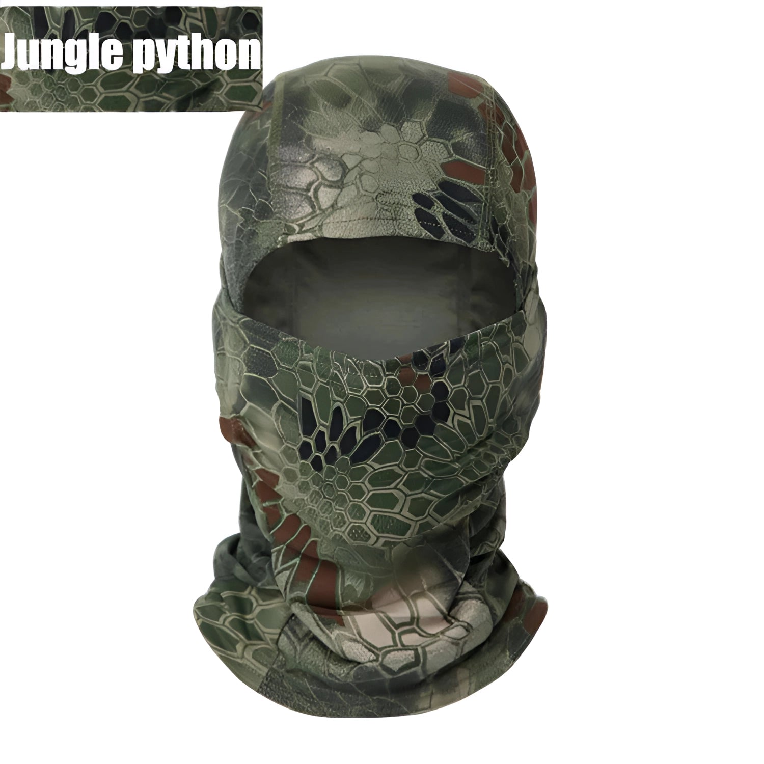 Person wearing a full-face tactical camouflage balaclava in a jungle python pattern, suitable for outdoor sports, military use, and providing breathable, windproof, and thermal protection.