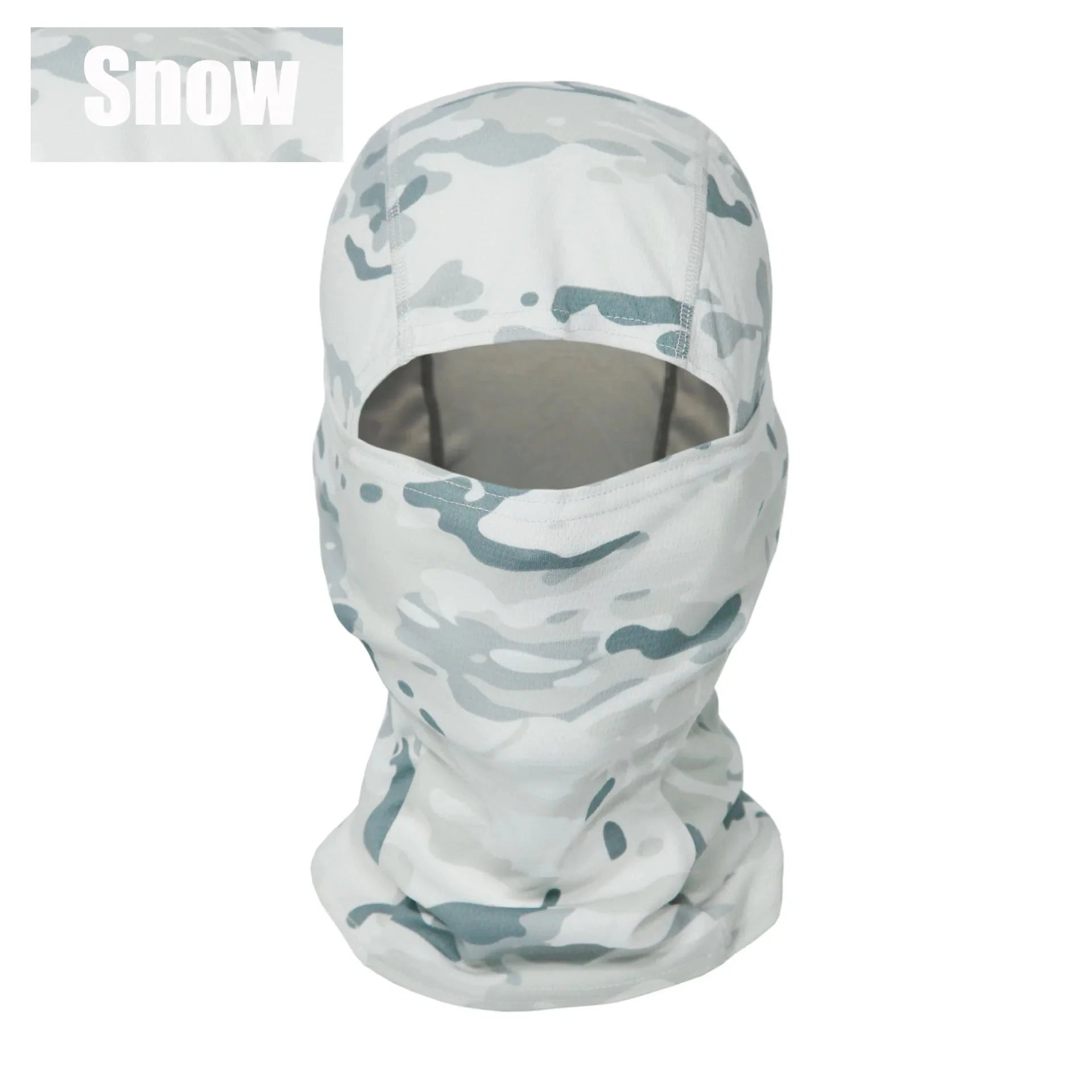 Full-face tactical camouflage balaclava in a snow pattern, featuring a breathable, windproof, and thermal design.