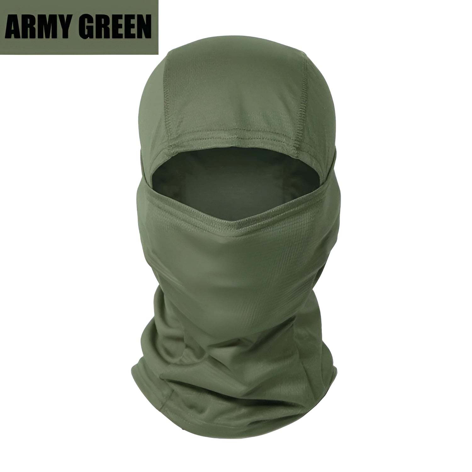 Army Green Full-Face Tactical Camouflage Balaclava - Breathable, Windproof, Thermal, shown on a human model.