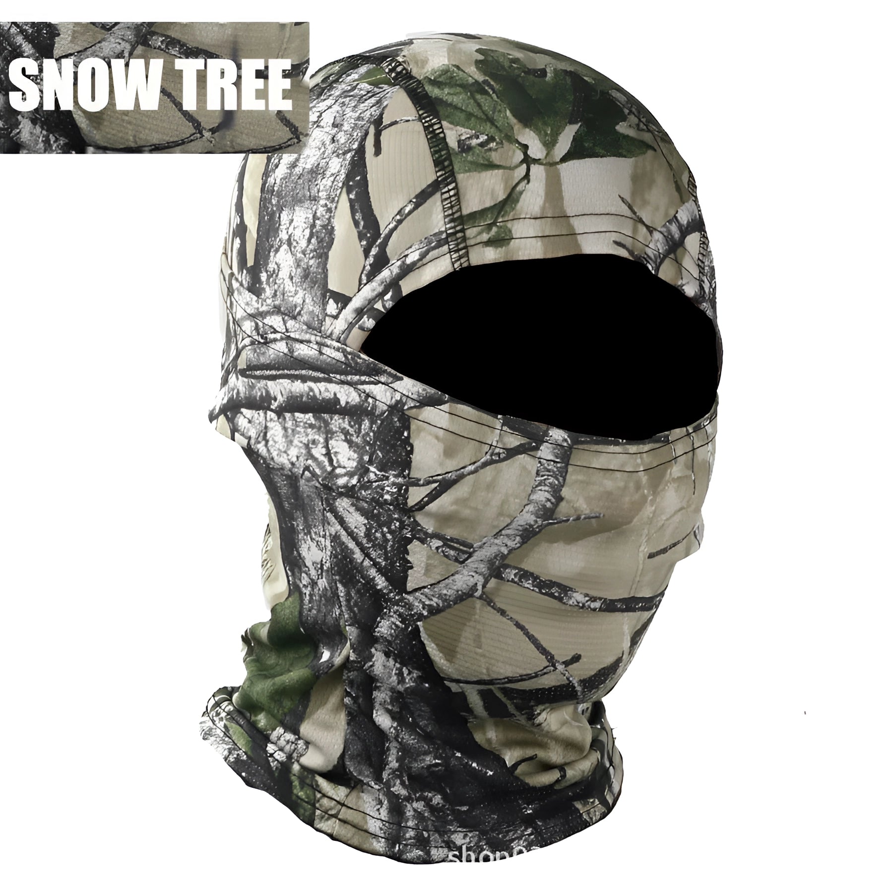 Full-face tactical camouflage balaclava in Snow Tree pattern, covering head and neck, designed for breathability, windproofing, and thermal protection.