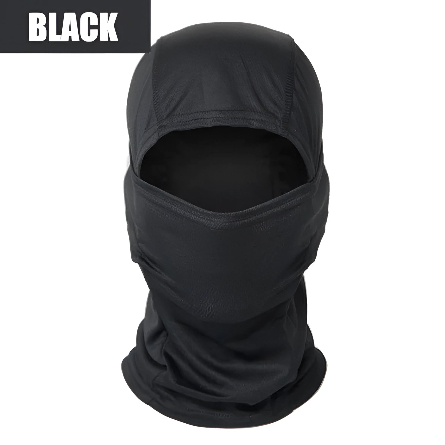 A person wearing a black full-face tactical camouflage balaclava, designed to be breathable, windproof, and thermal.