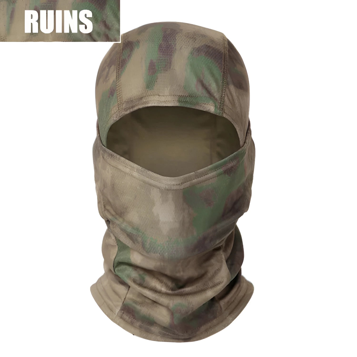 Full-face tactical camouflage balaclava in a "Ruins" pattern, featuring breathable, windproof, and thermal properties, suitable for sports, personal protection, and outdoor activities.