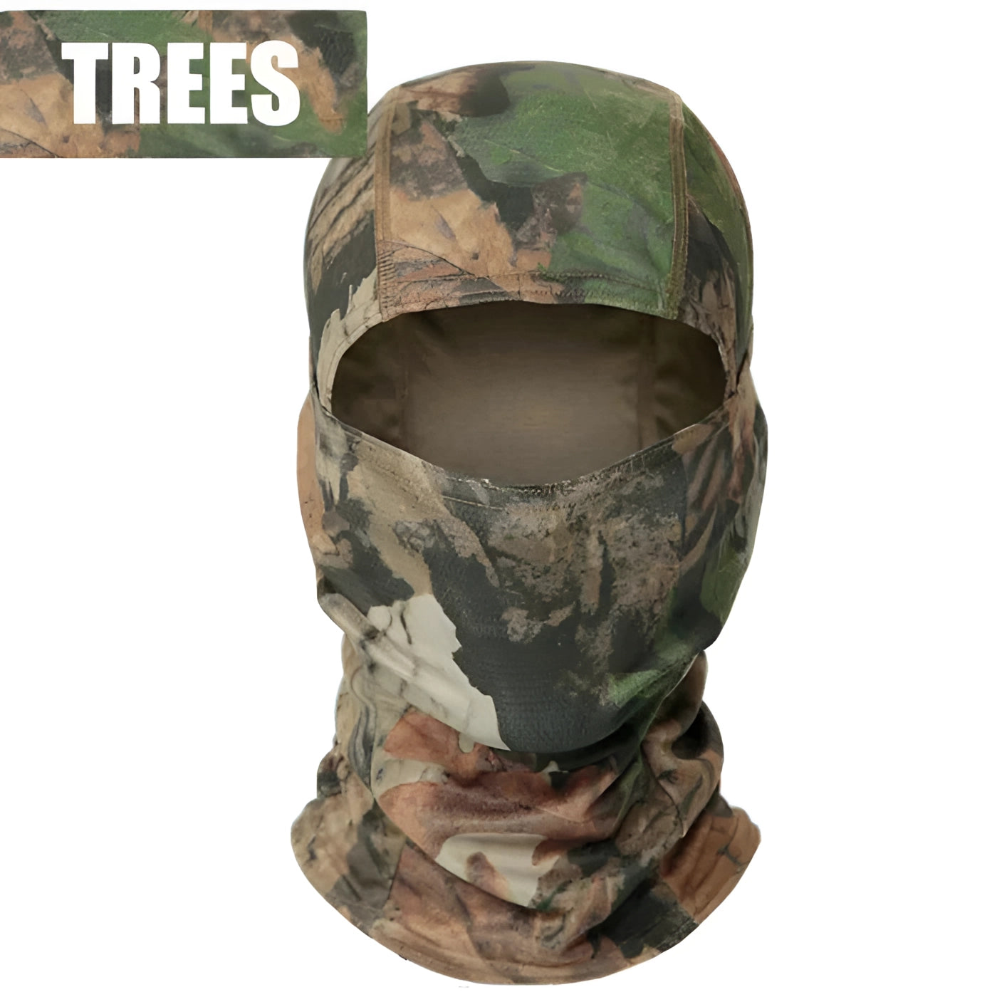 Full-face tactical camouflage balaclava in a tree pattern, breathable and windproof, designed for thermal protection and sports gear use.