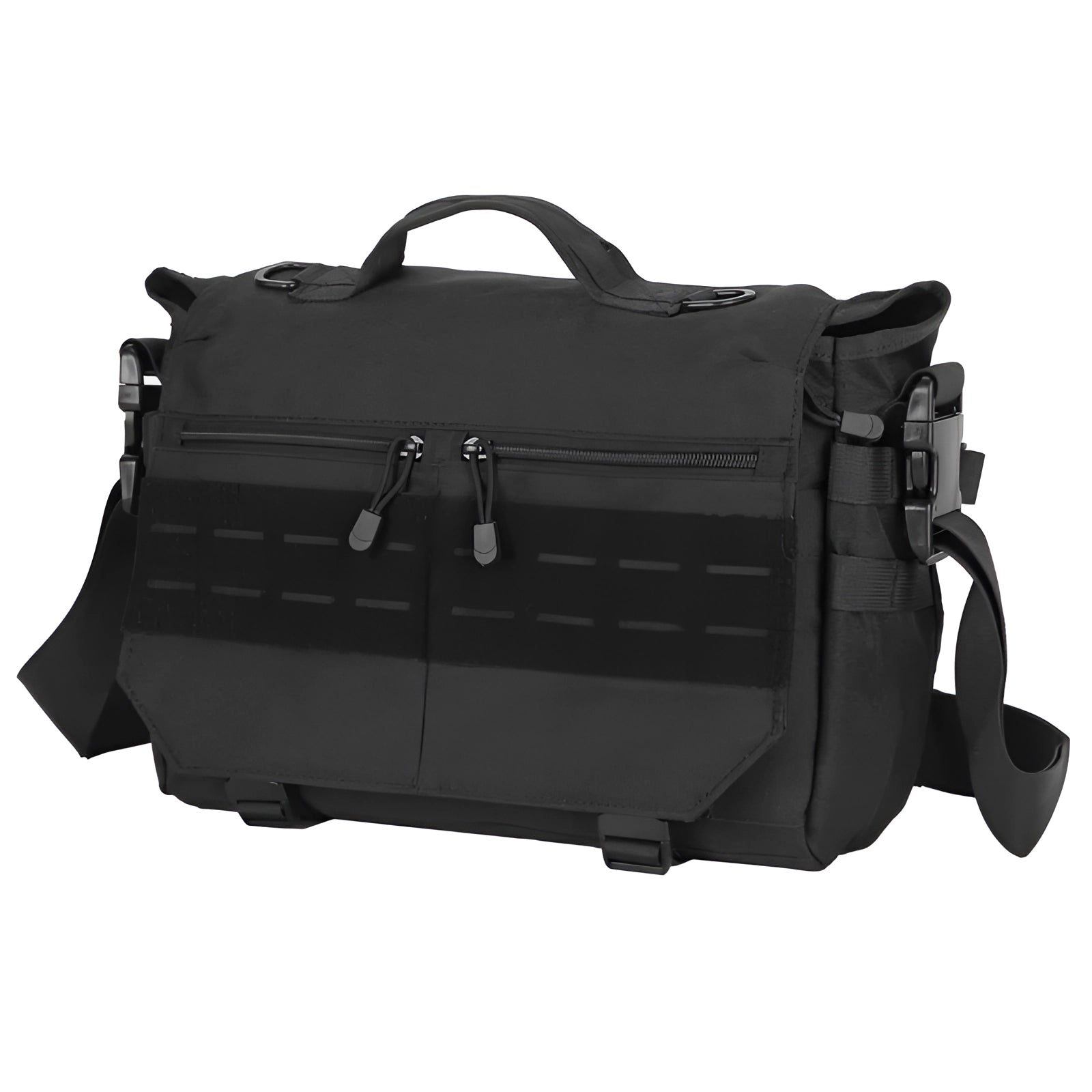 Black MOLLE tactical messenger bag designed for everyday carry (EDC), featuring a water-resistant material and versatile compartments, suitable for travel and business use, with a durable shoulder strap and stylish metal accents.