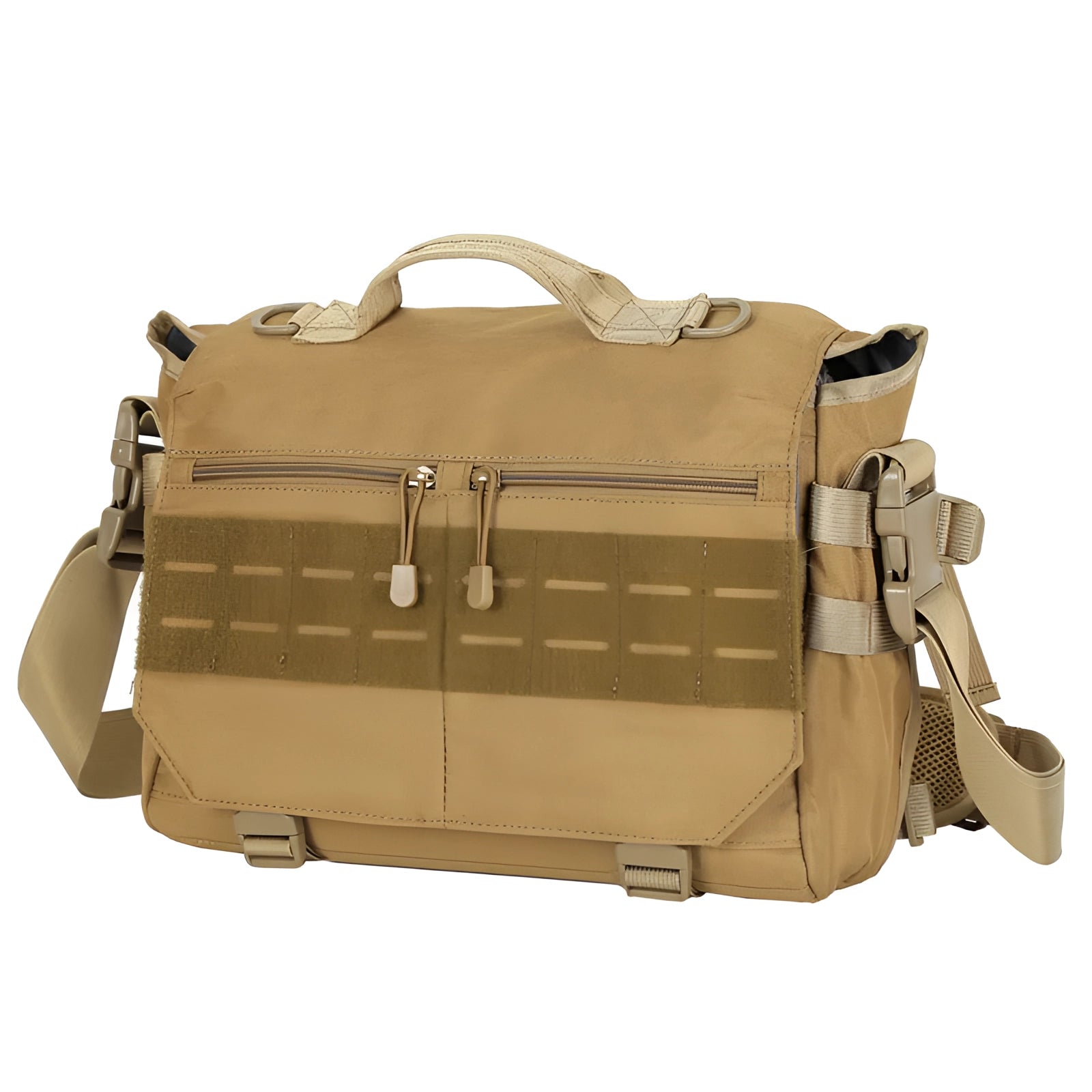 Khaki MOLLE Tactical Messenger Bag, water-resistant, rectangular design with adjustable shoulder strap, featuring multiple compartments for everyday carry and travel use.