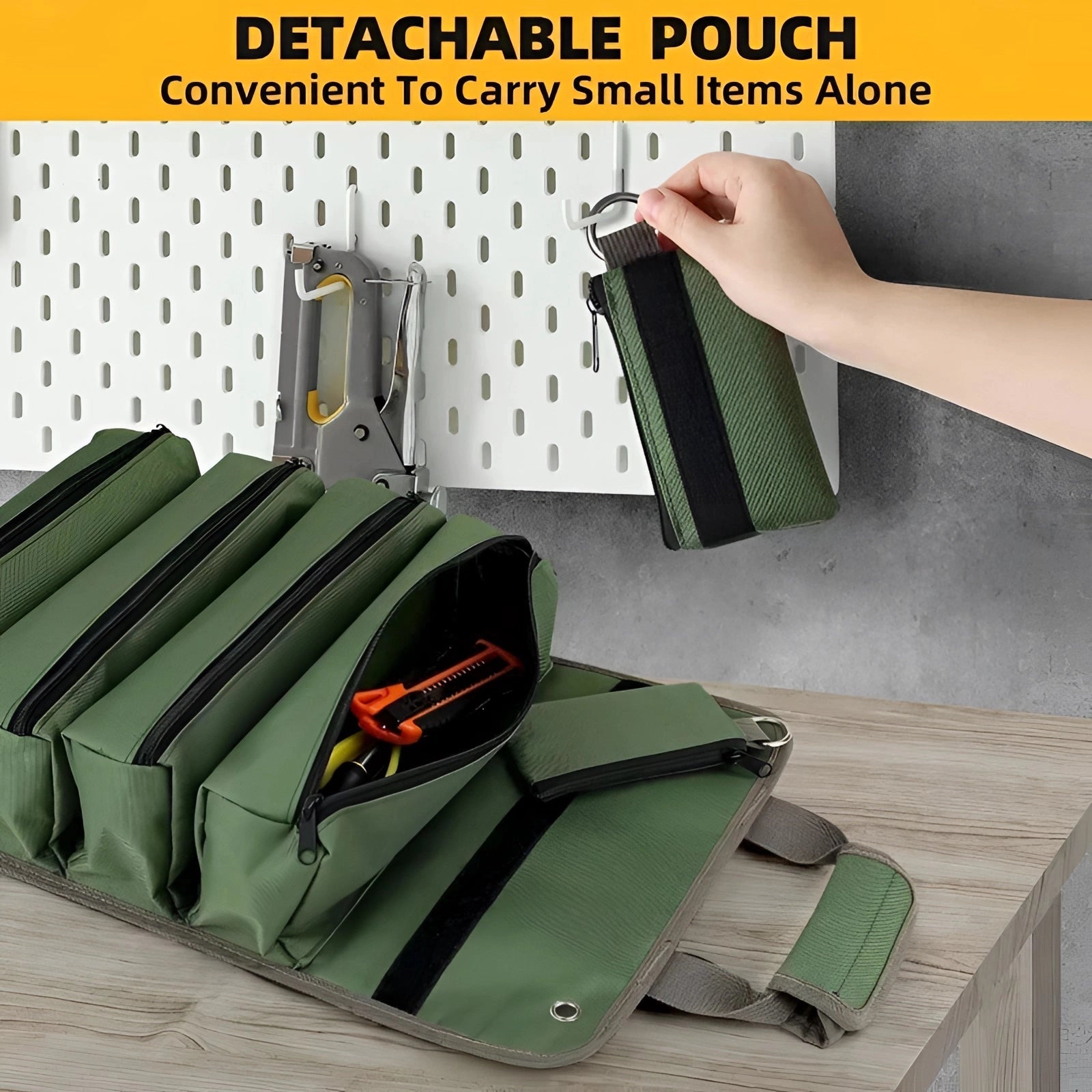 Green canvas tool bag with multiple pockets, designed for electricians and plumbers, placed on a hardwood floor.