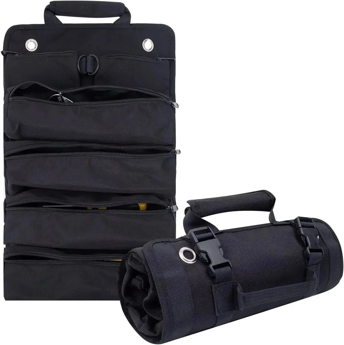 Heavy-duty black canvas multi-pocket tool bag for electricians and plumbers with metal straps and multiple compartments.