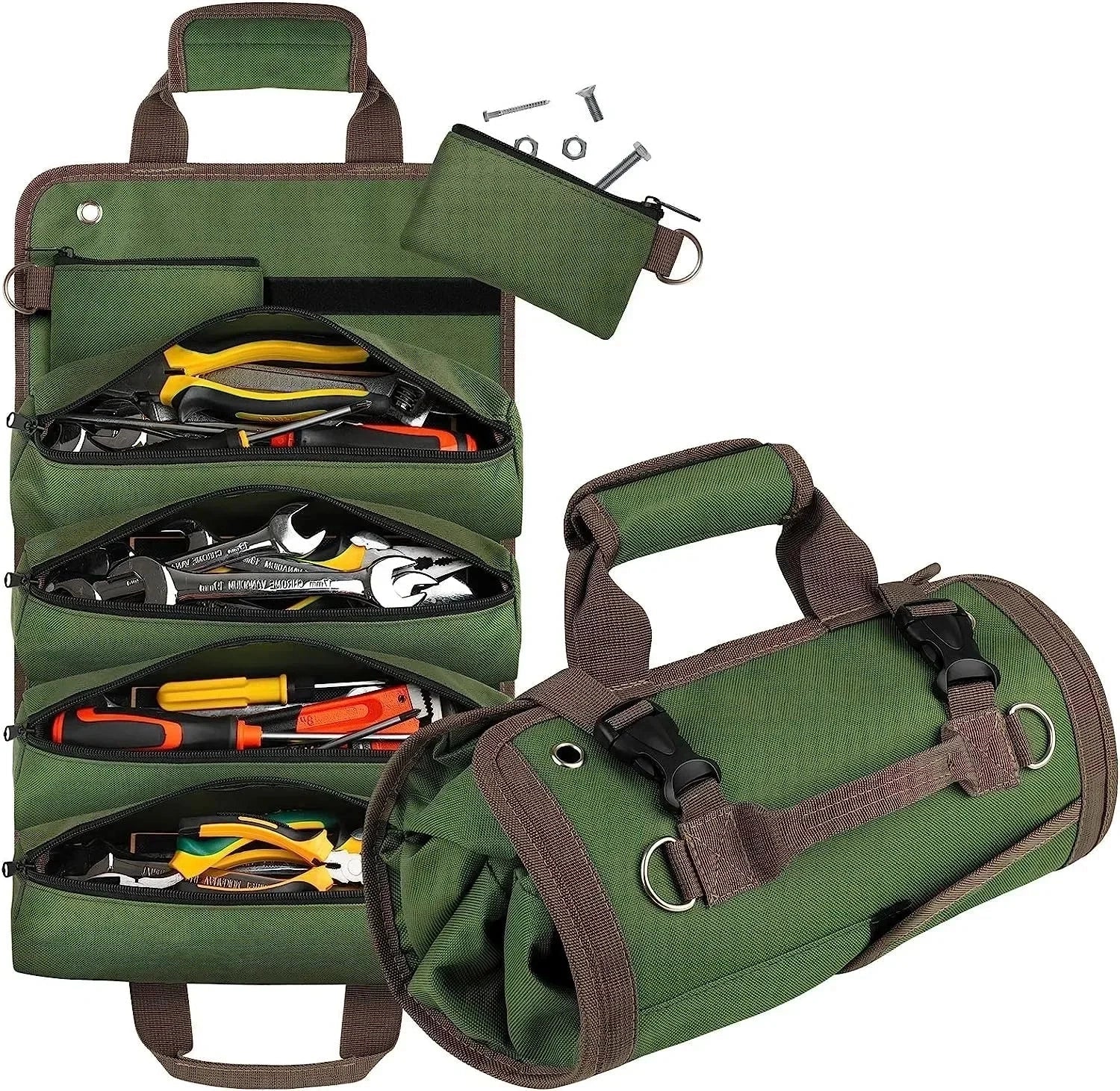 Green canvas multi-pocket tool bag with heavy-duty straps, designed for electricians and plumbers, featuring multiple compartments and a camouflage pattern.