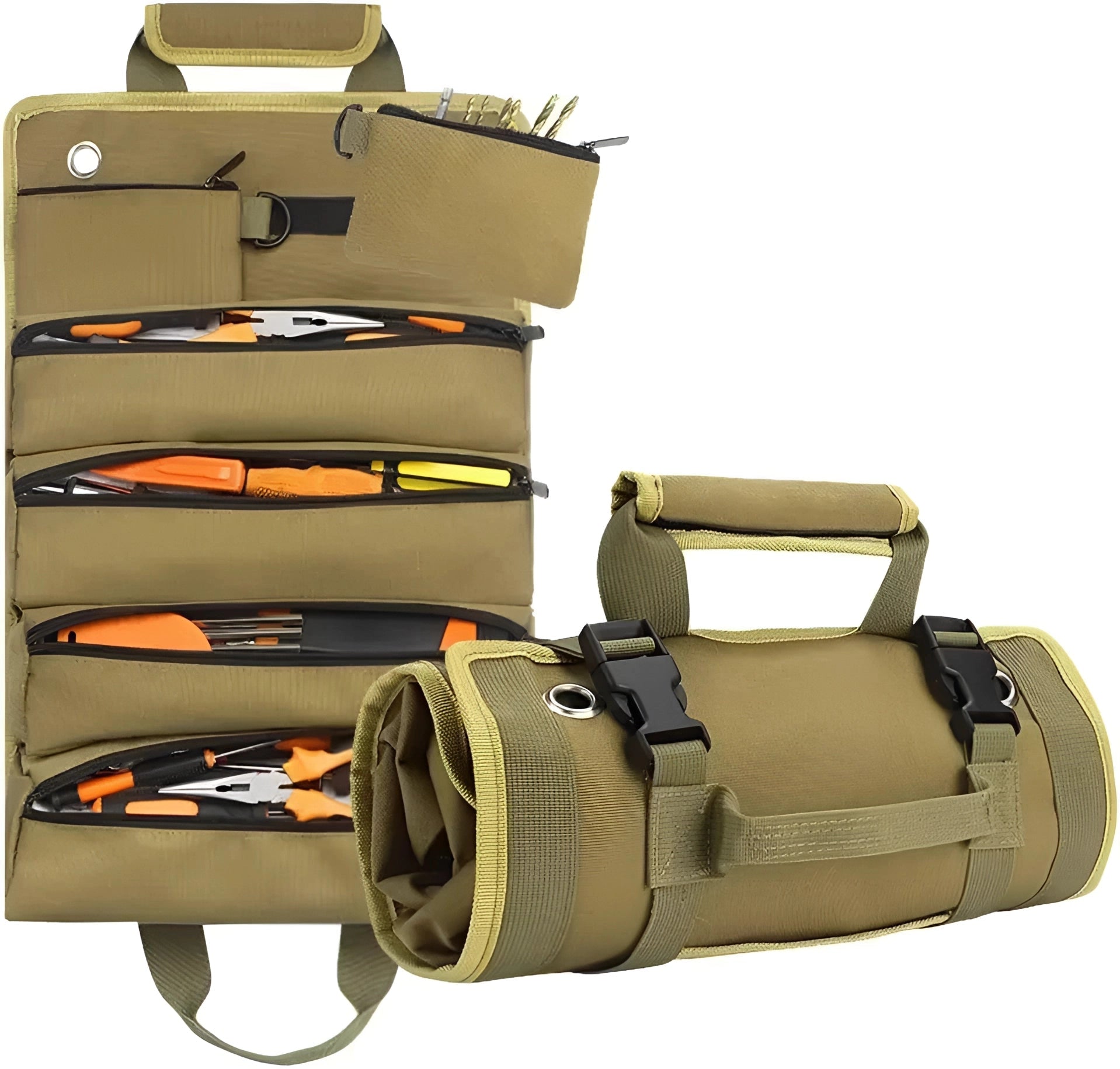 Heavy-duty khaki green canvas tool bag with multiple pockets designed for electricians and plumbers.