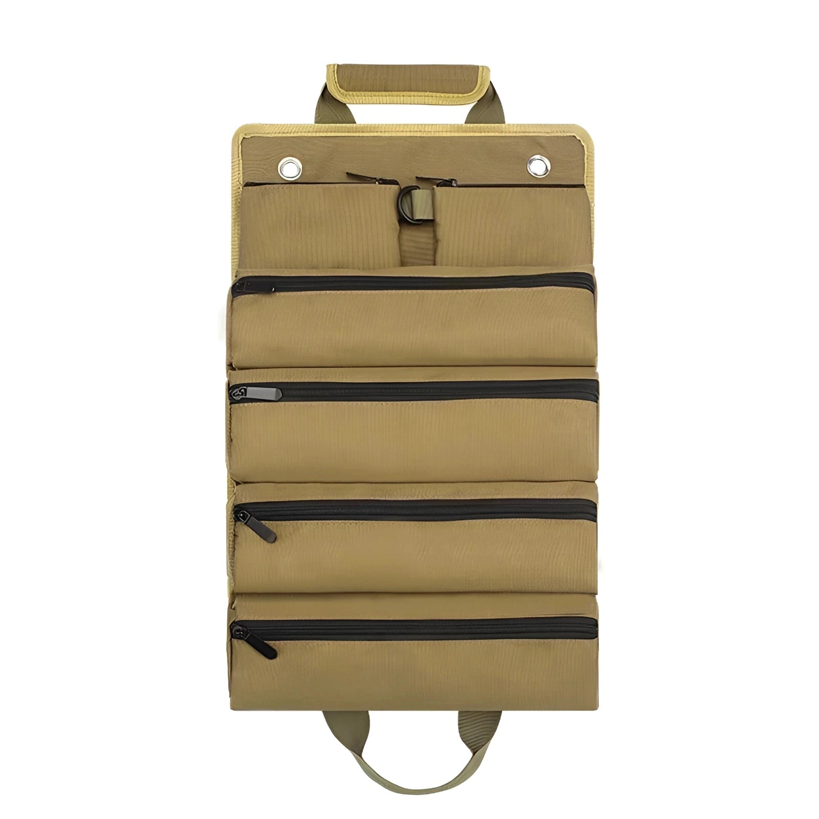 Green canvas multi-pocket tool bag with beige handles, rectangular shape, designed for electricians and plumbers, heavy-duty construction.