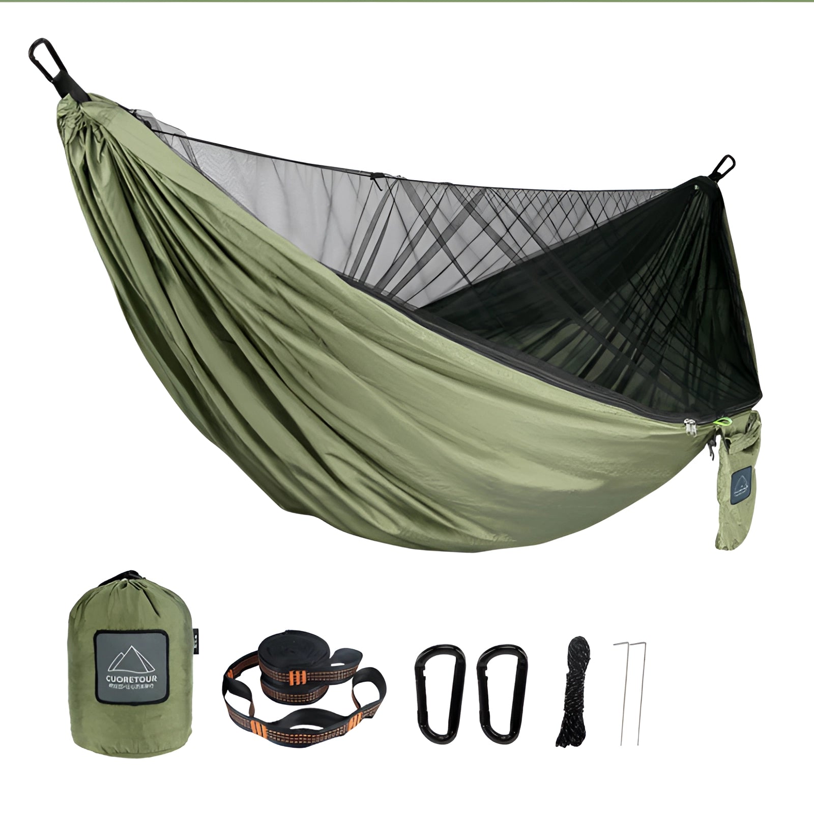 Green Lightweight Mosquito Net Hammock suspended between trees, showcasing durable fabric and integrated mosquito net for camping.