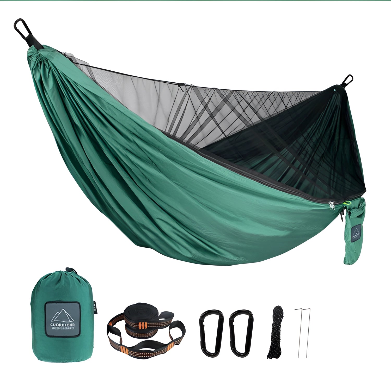 Green lightweight mosquito net hammock with suspension, shown in camping setting.