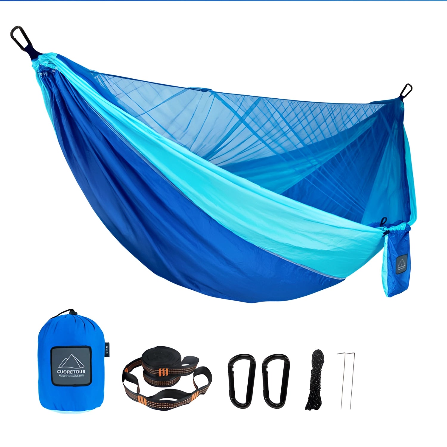 Green lightweight mosquito net hammock with durable suspension displayed in royal and sky blue colors, suitable for camping.