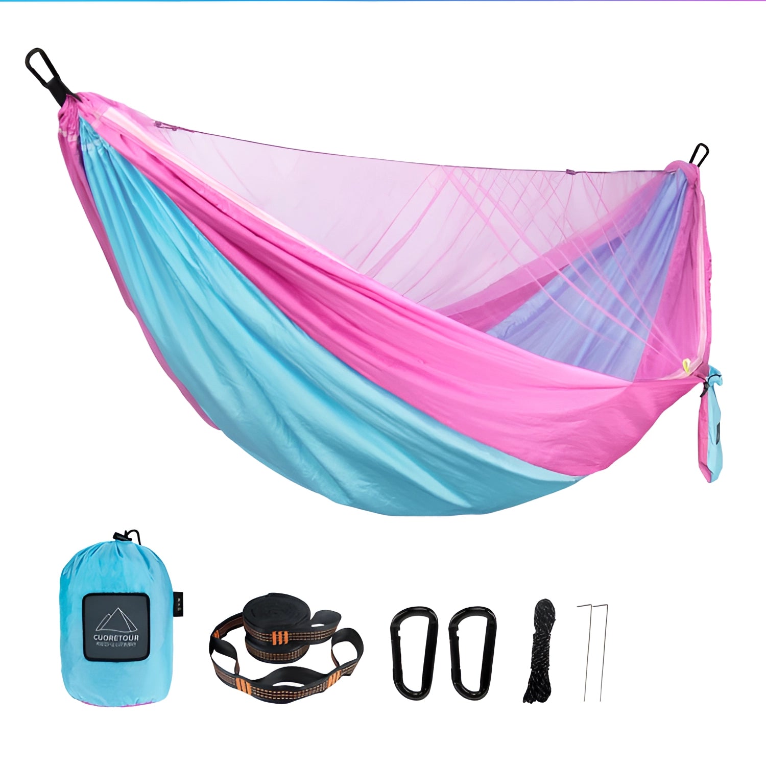 Sky blue and pink mosquito net hammock for camping, featuring durable and lightweight materials with suspension system.