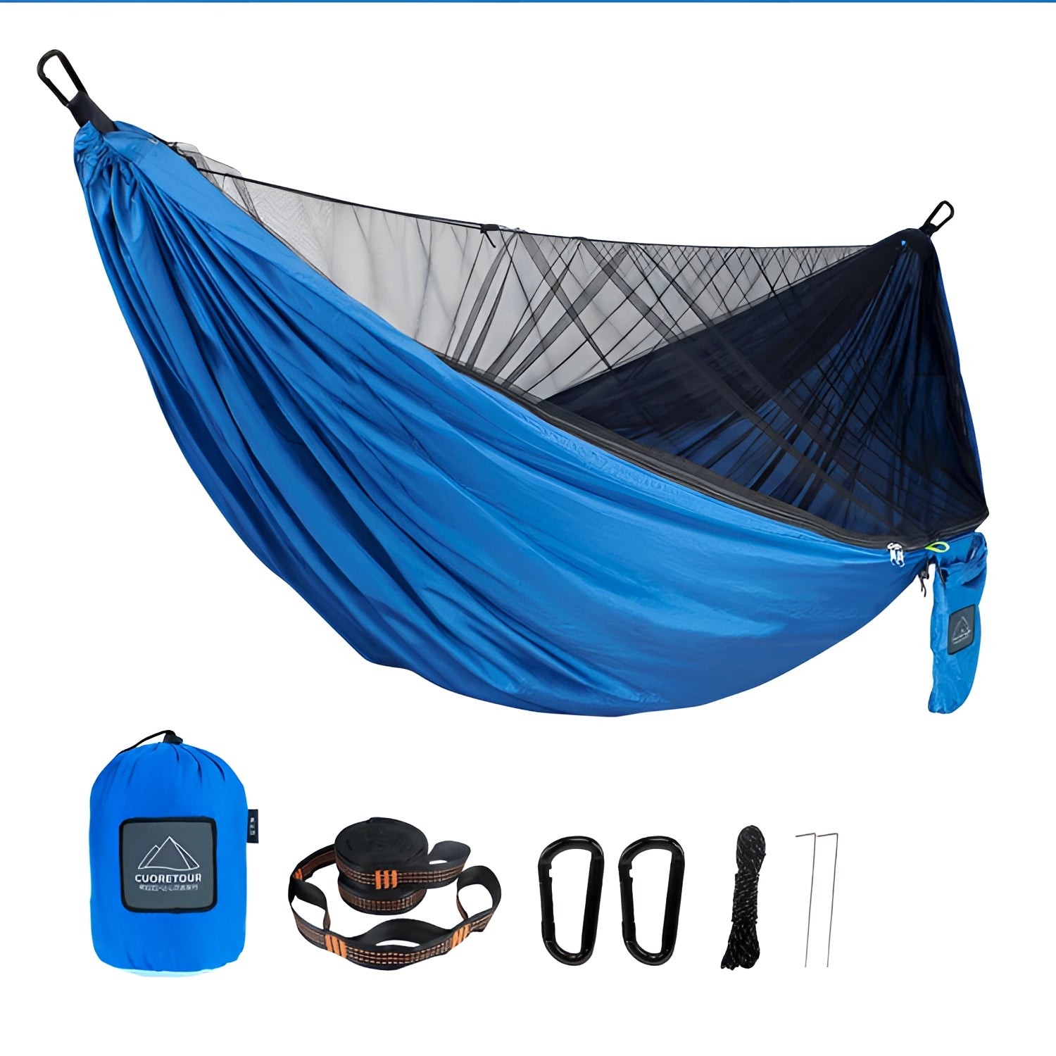 A royal blue lightweight mosquito net hammock, durable for camping, with a suspension system.