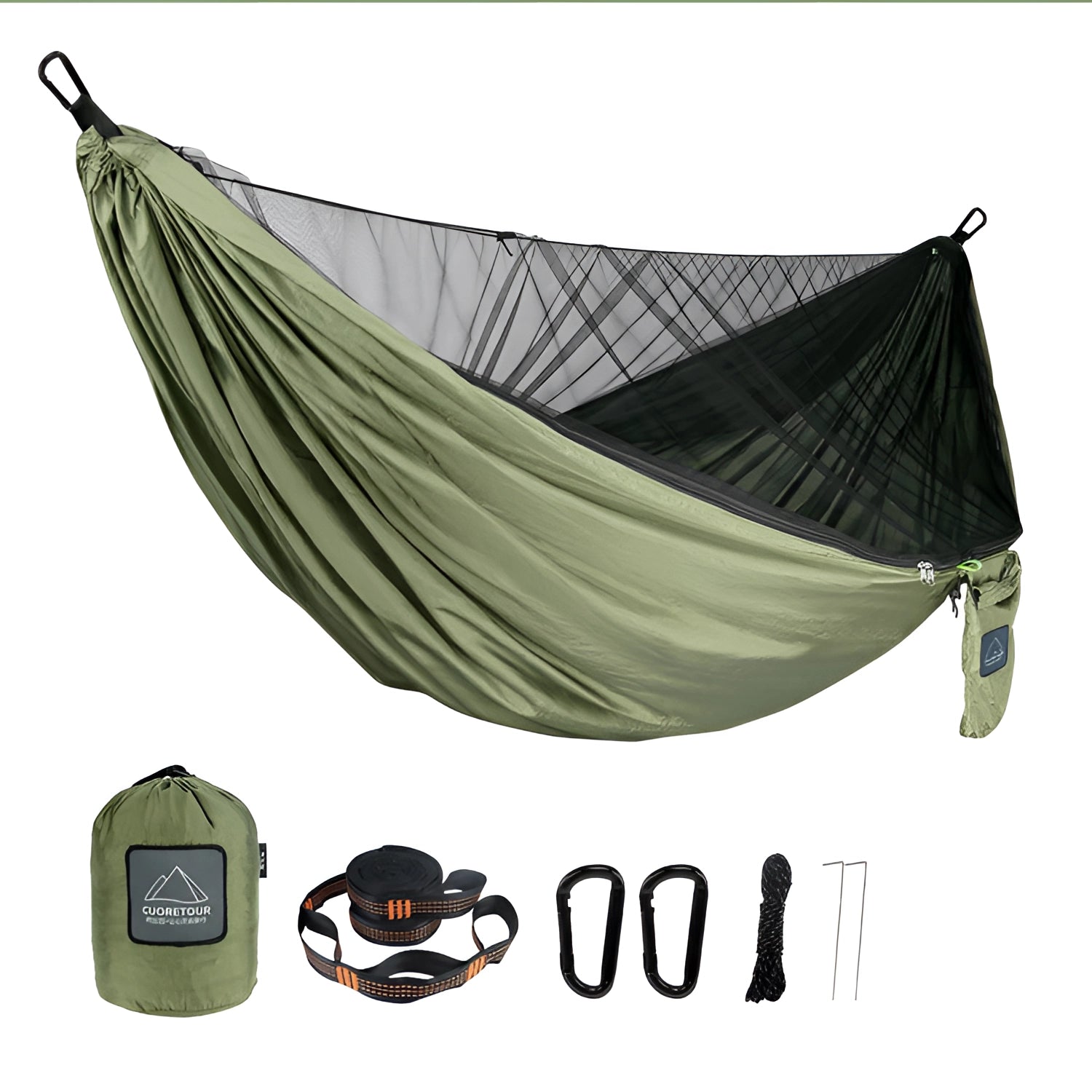 Army green lightweight mosquito net hammock hanging between trees, ideal for camping, with durable suspension system.