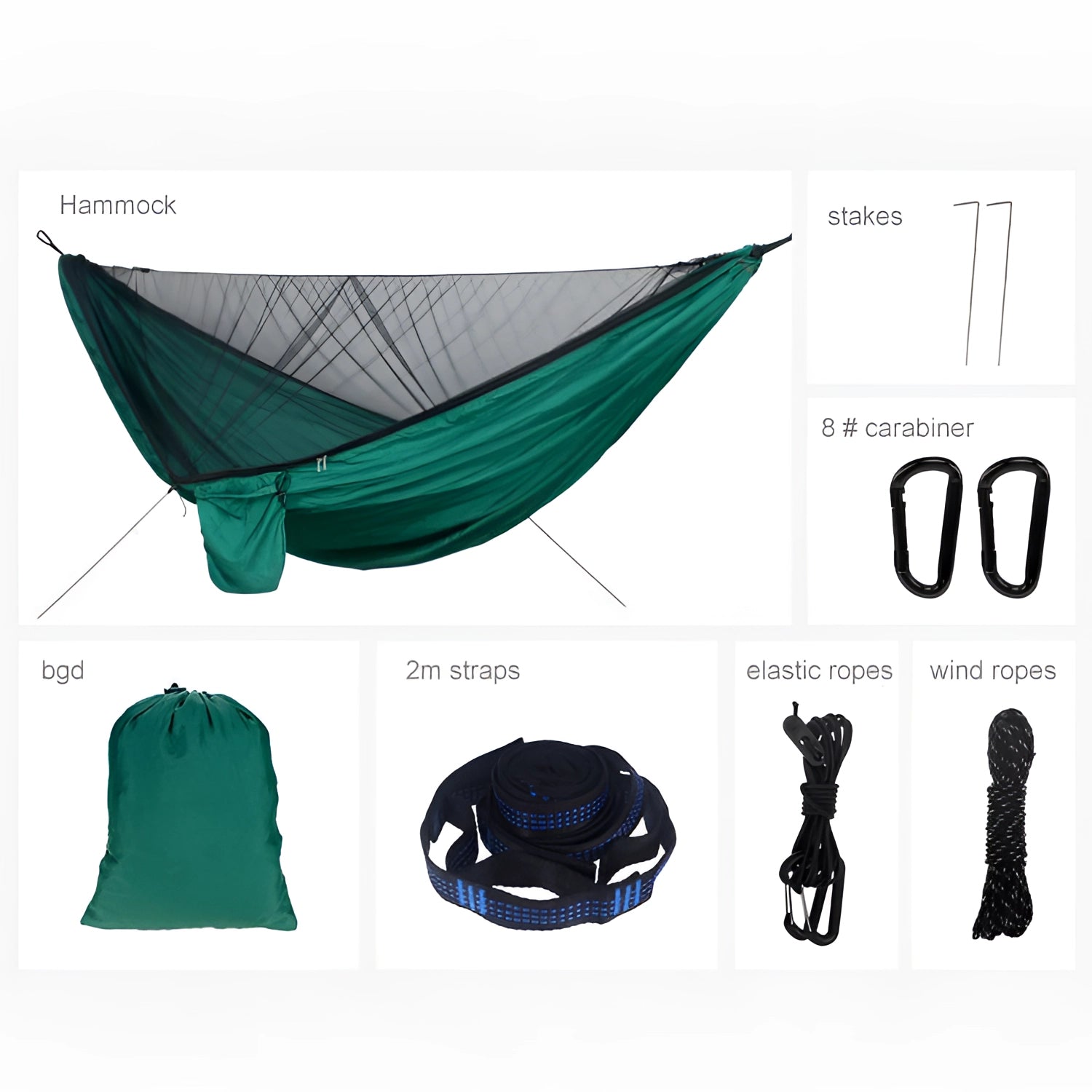 Green lightweight mosquito net hammock set up outdoors, showcasing its durability and included suspension system for camping.