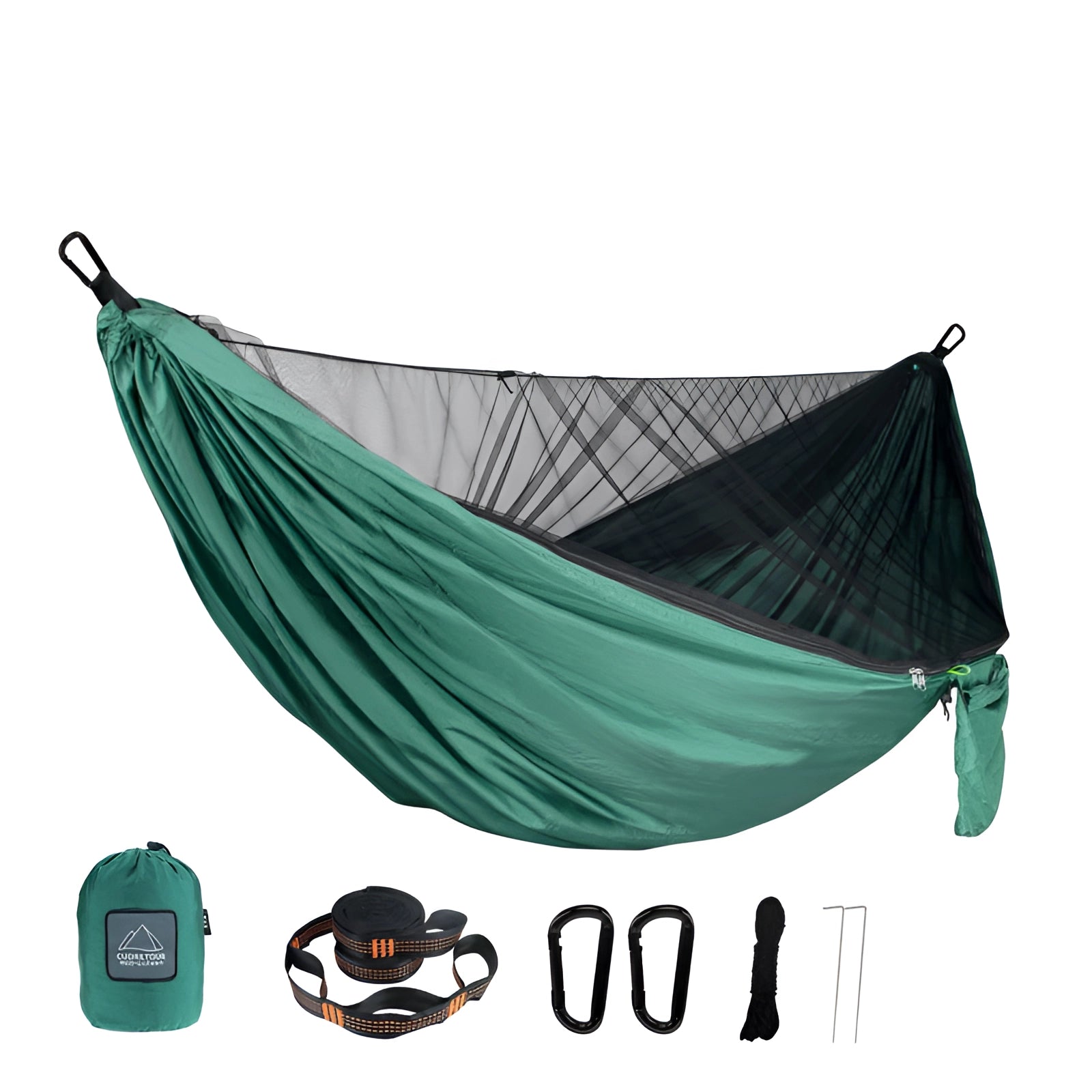 Green lightweight mosquito net hammock with suspension, ideal for camping, depicted with detailed drawings and illustrations.