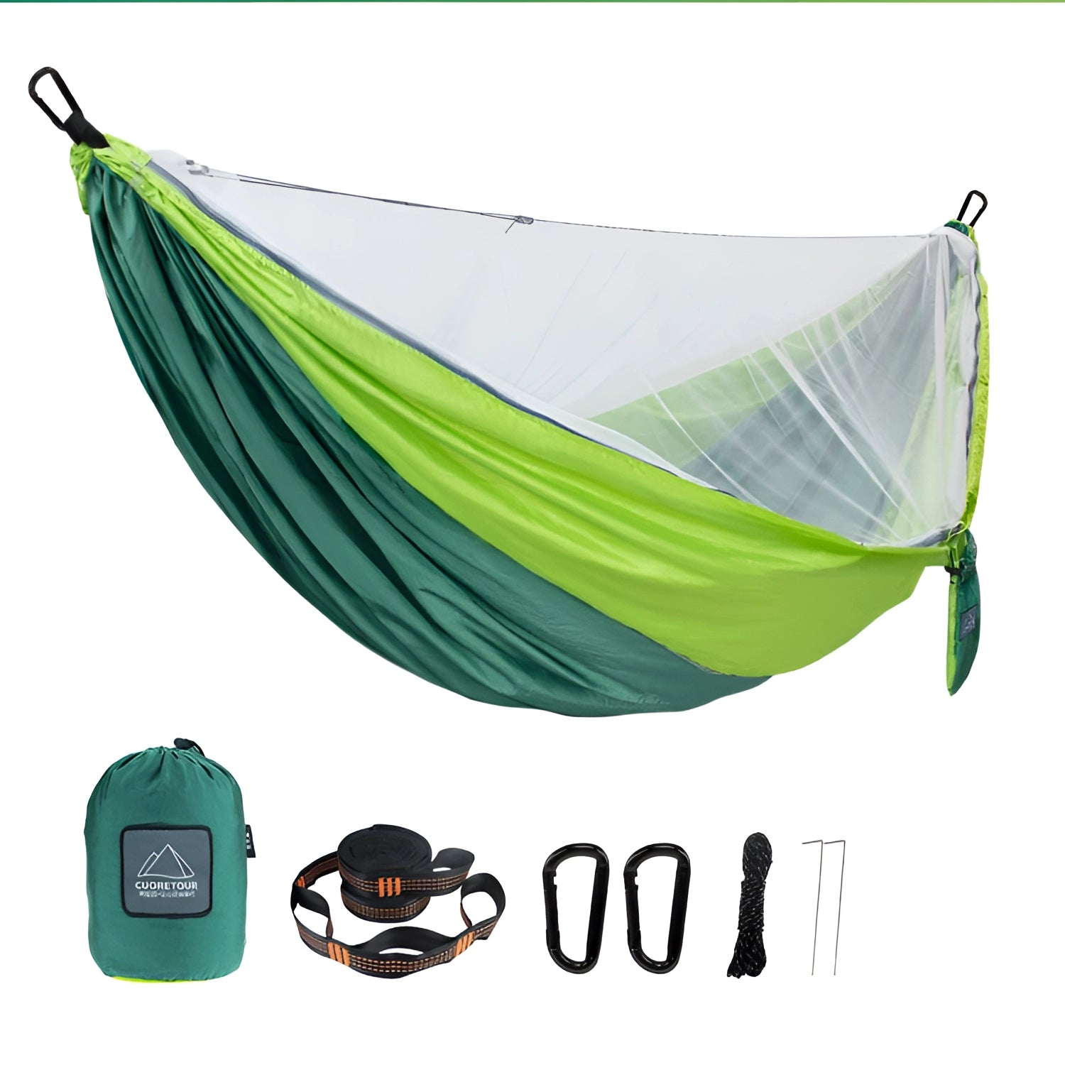 Green Lightweight Mosquito Net Hammock in dark and light green, ideal for camping, featuring durable material and suspension system.