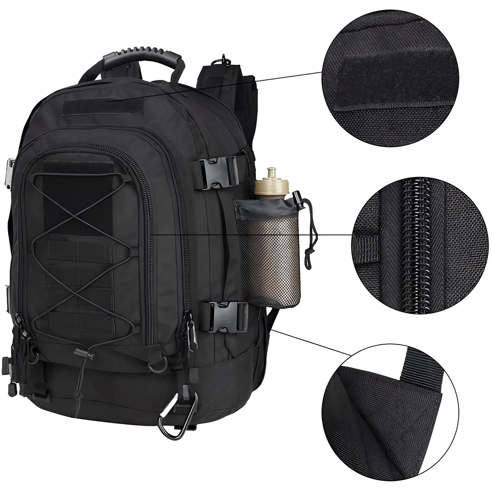 High-Capacity 60L Military-Grade Tactical Backpack with MOLLE Webbing, featuring multiple compartments and durable construction.