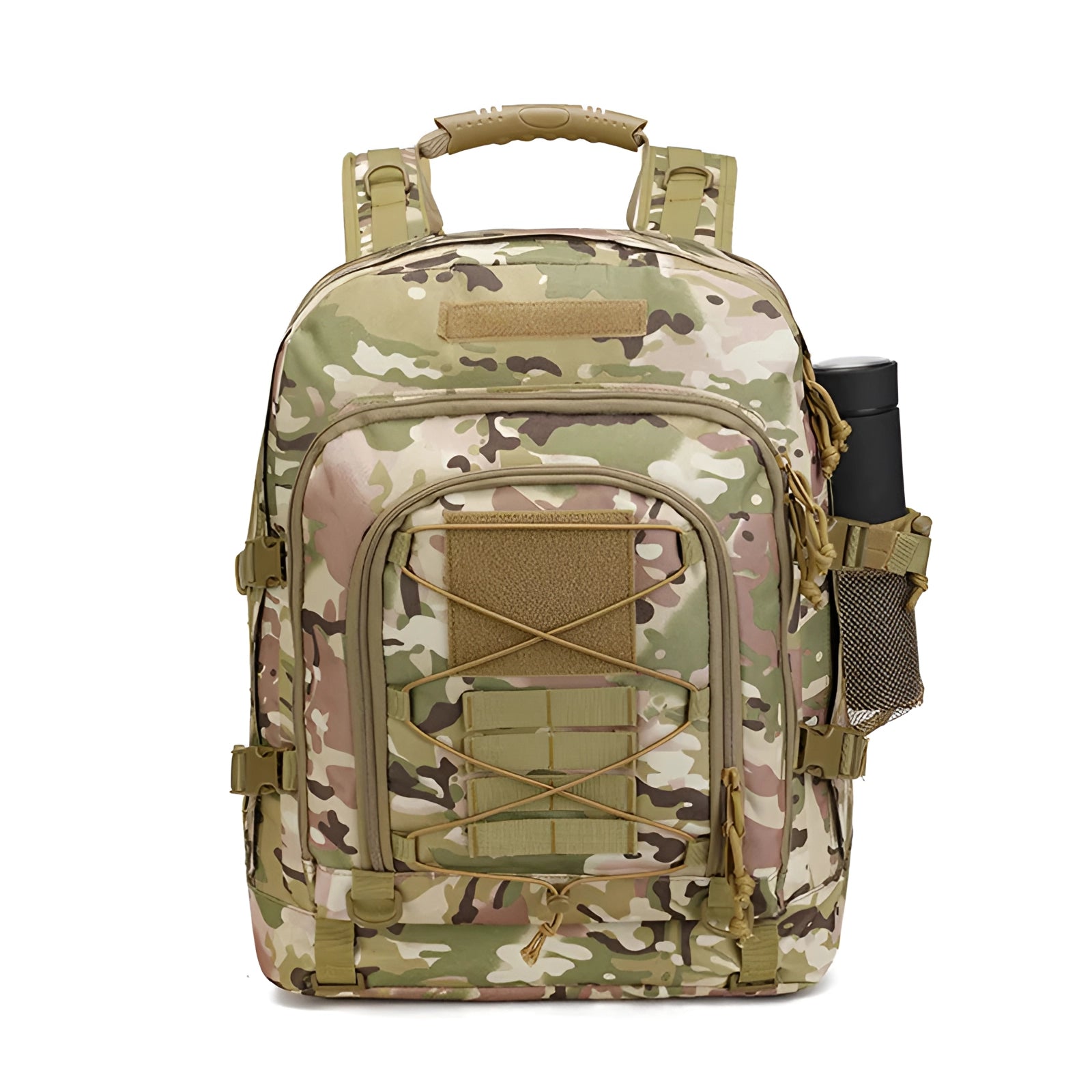 High-capacity 60L military-grade tactical backpack in CP camouflage with MOLLE webbing, featuring a brown and beige color scheme, rectangular shape, and multiple compartments for travel and outdoor use.