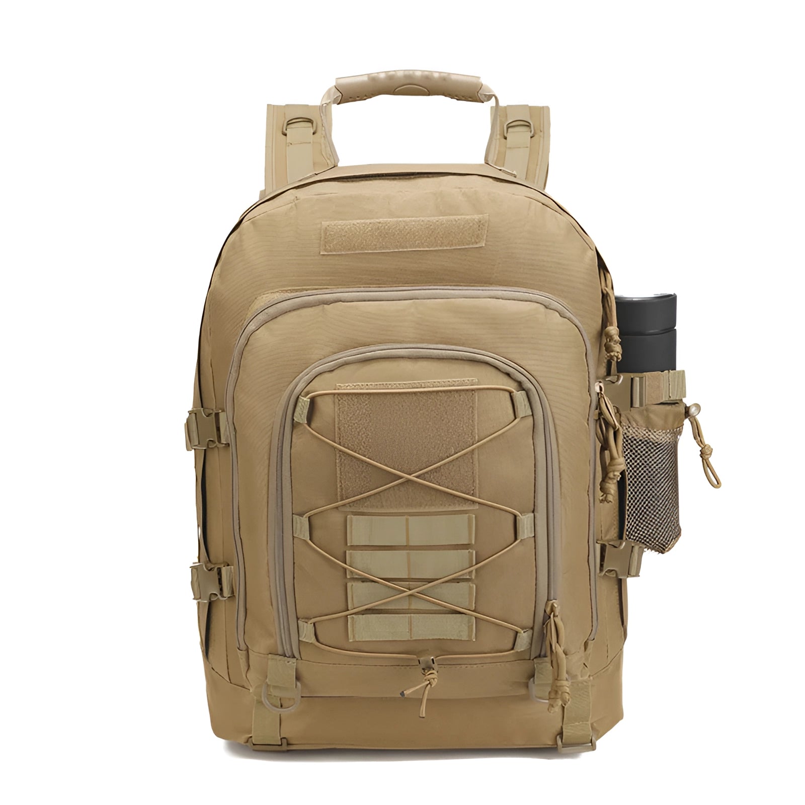 High-Capacity 60L Military-Grade Tactical Backpack with MOLLE Webbing in khaki color, featuring a rectangular shape and robust design suitable for outdoor activities.