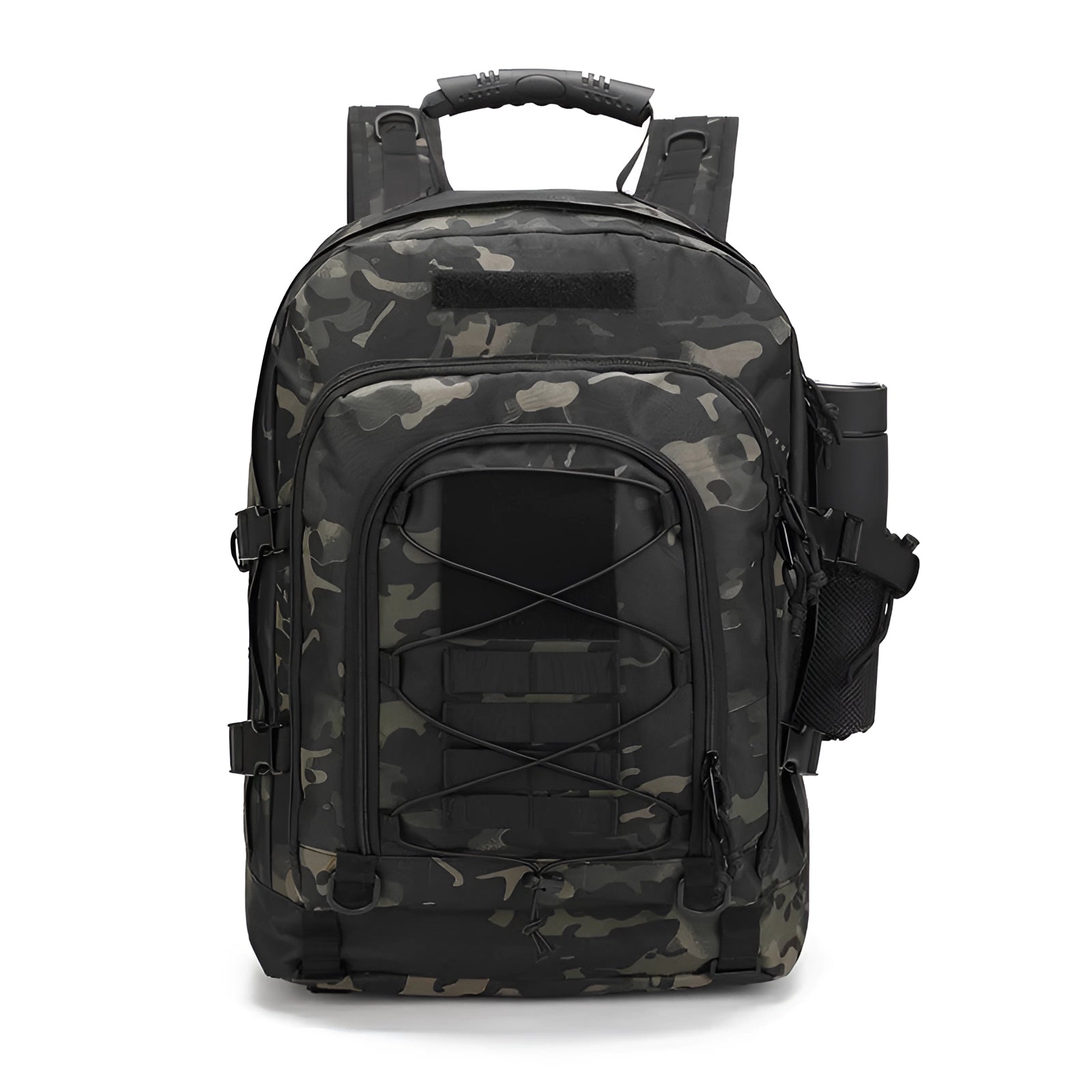 High-Capacity 60L Military-Grade Tactical Backpack with MOLLE Webbing in blackCP placed upright showcasing its multiple compartments and robust design.