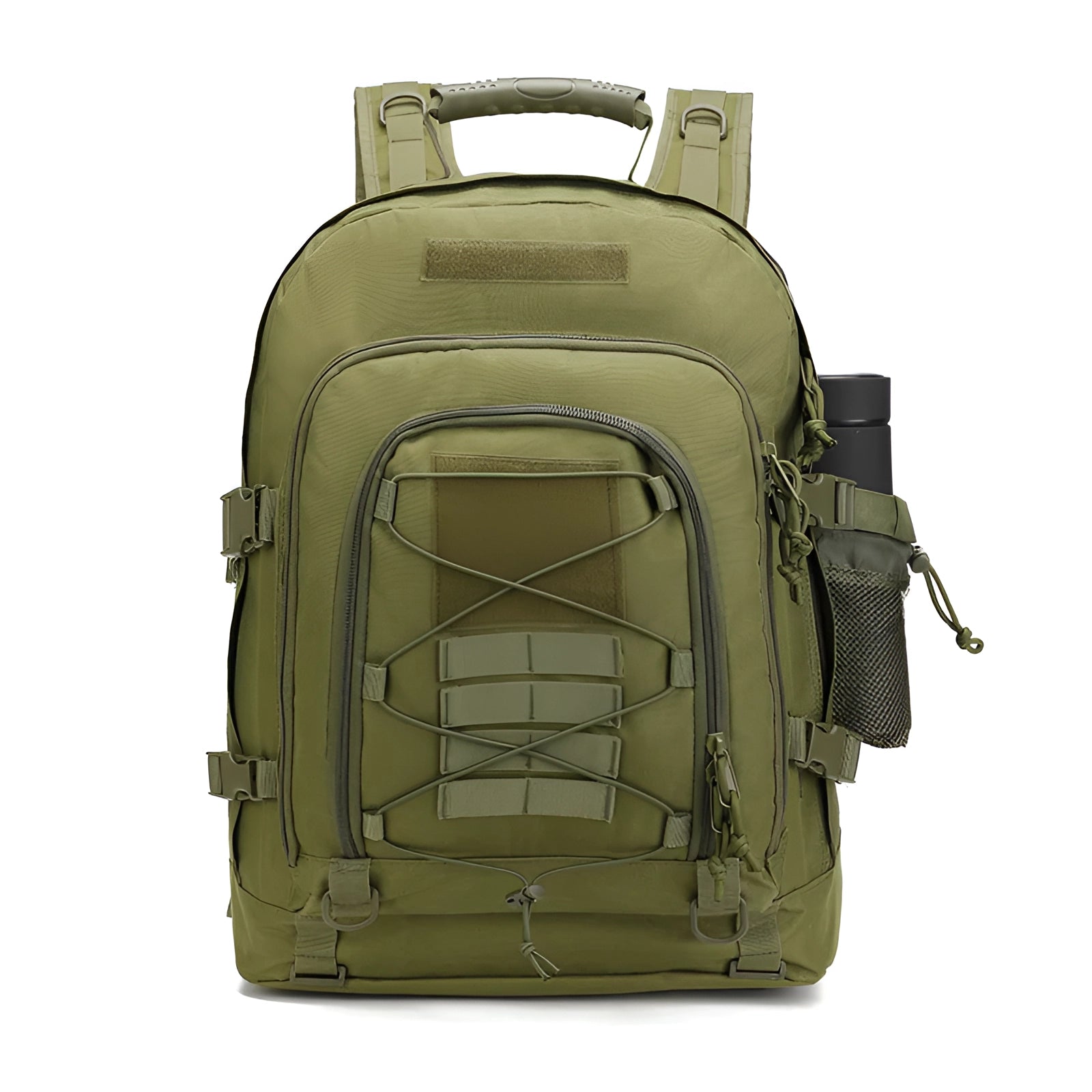 High-Capacity 60L Military-Grade Tactical Backpack with MOLLE Webbing in green, featuring rugged design, multiple compartments, and adjustable straps.