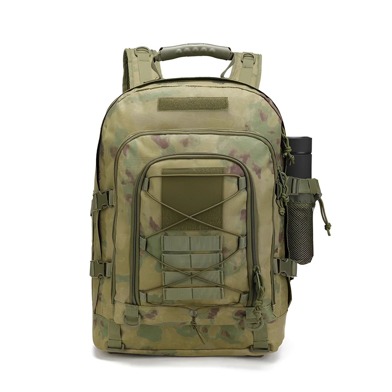 High-Capacity 60L Military-Grade Tactical Backpack with MOLLE Webbing in Green, designed for travel and outdoor use, featuring a rectangular shape and multiple compartments.