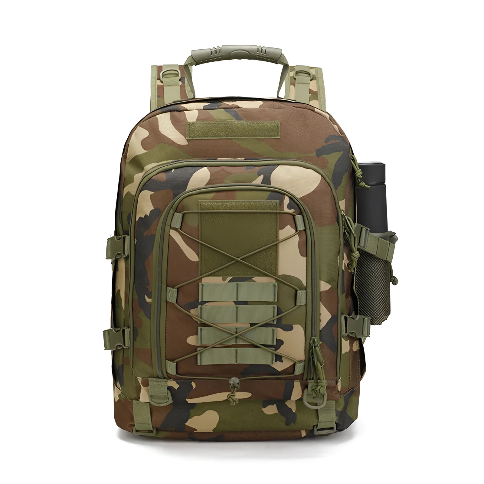 High-Capacity 60L Military-Grade Tactical Backpack with MOLLE Webbing in Jungle Camouflage Color, featuring multiple straps and a rectangular shape.