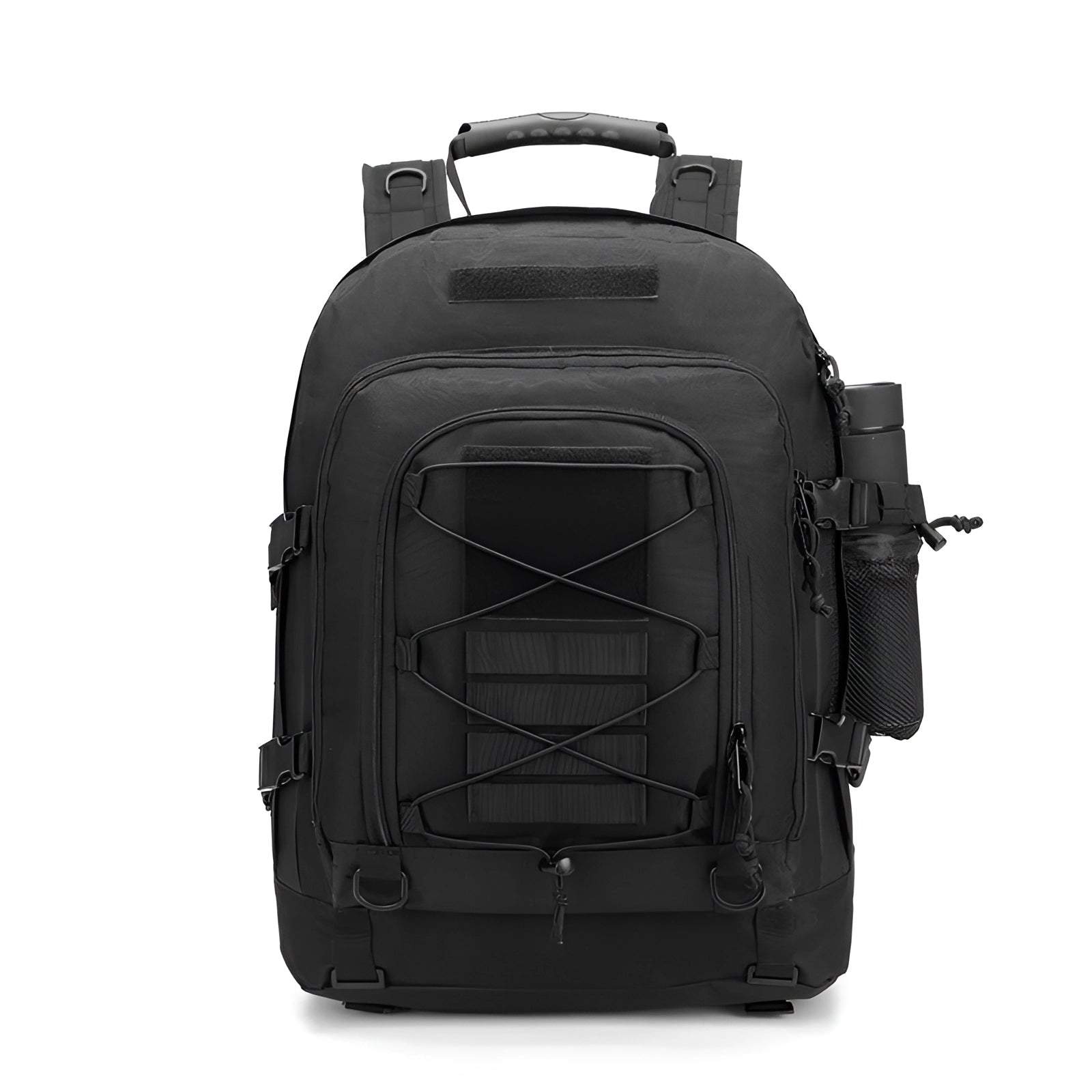 High-Capacity 60L Military-Grade Tactical Backpack with MOLLE Webbing in black, shown in a sturdy, rectangular shape, ideal for heavy-duty usage.