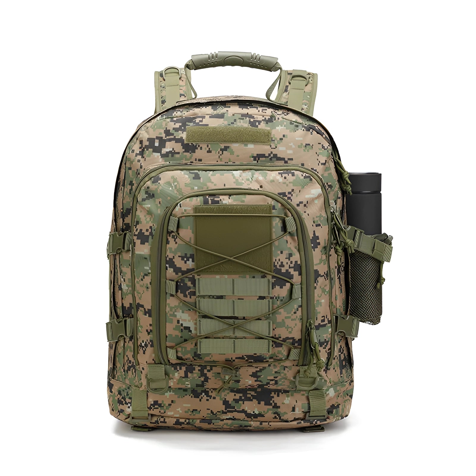 High-Capacity 60L Military-Grade Tactical Backpack with MOLLE Webbing in jungle digital camouflage pattern, featuring multiple compartments and sturdy design.