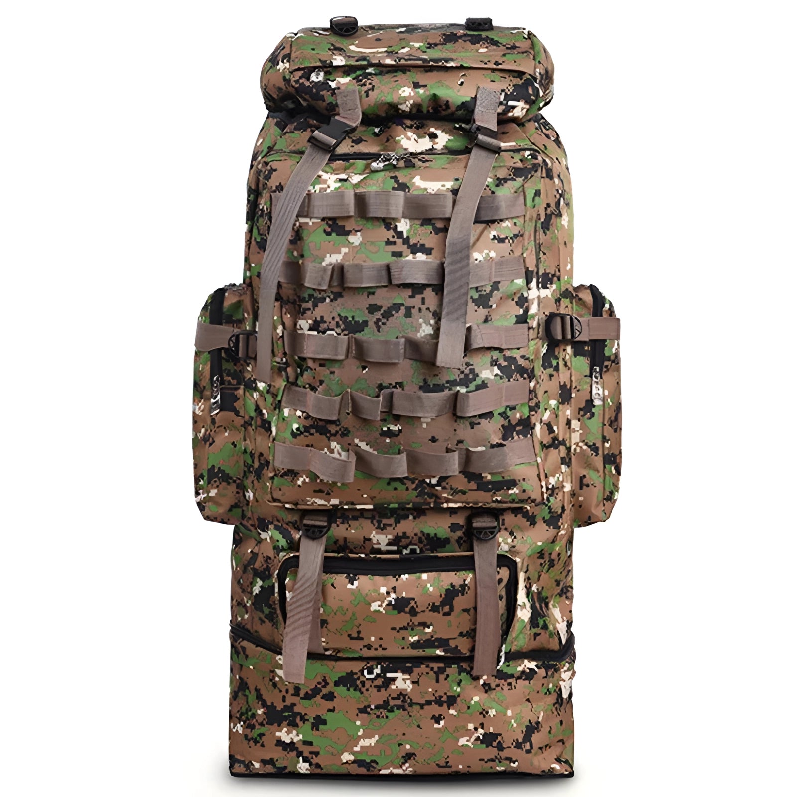 High-Capacity Camouflage Tactical Backpack - Military Rucksack in Style A, featuring a military camouflage pattern, displayed outdoors near trees.