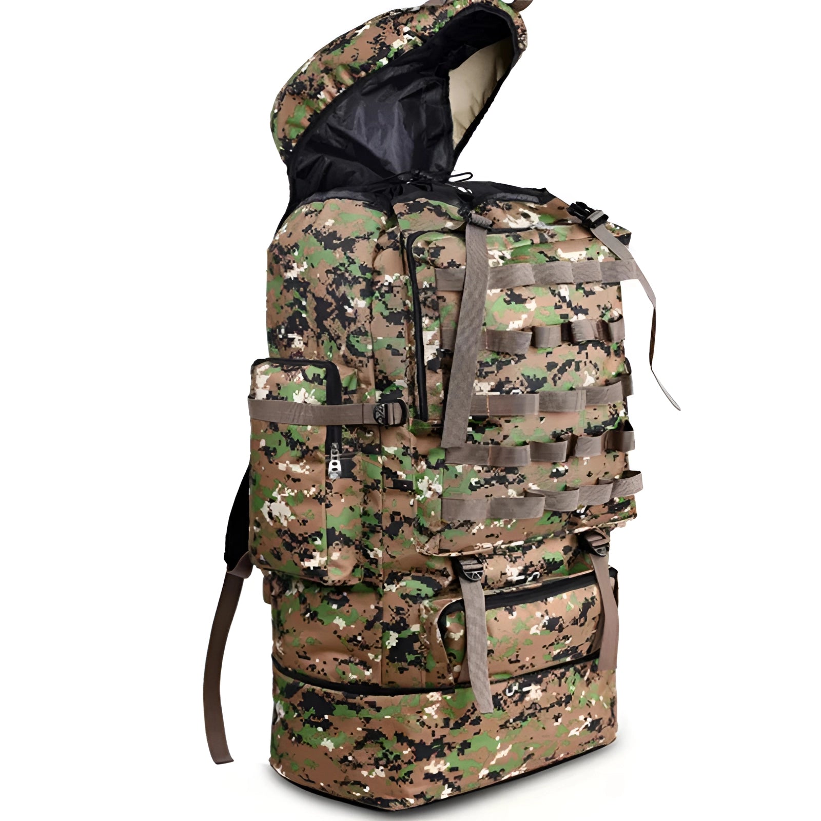 High-capacity camouflage tactical backpack designed as a military rucksack with multiple compartments and sturdy straps.