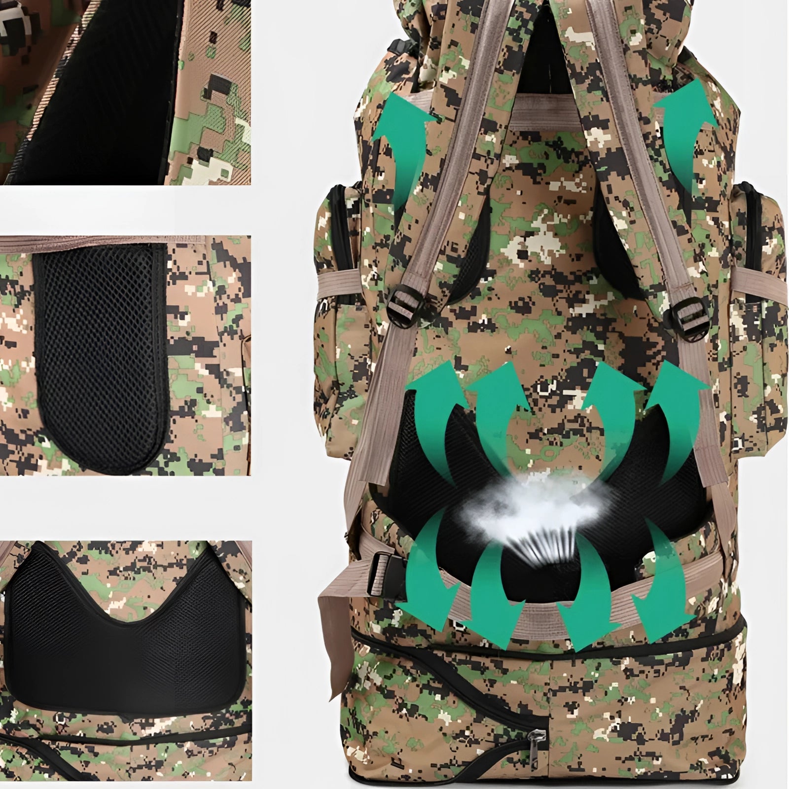 High-Capacity Camouflage Tactical Backpack in green and black, featuring multiple compartments and sturdy straps, displayed against a plain background.