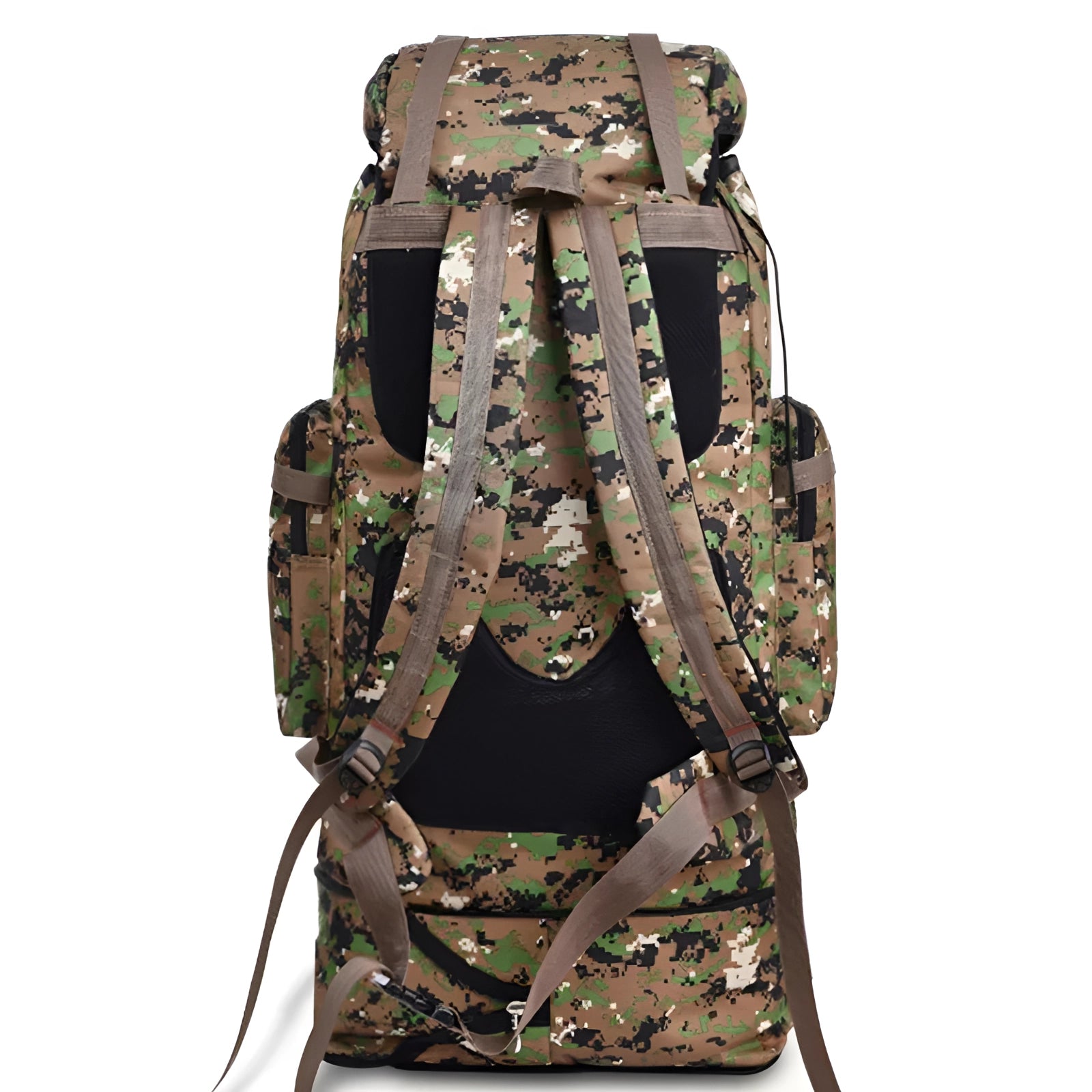 High-capacity camouflage tactical backpack featuring a military rucksack design in brown color, displayed against a plain background.