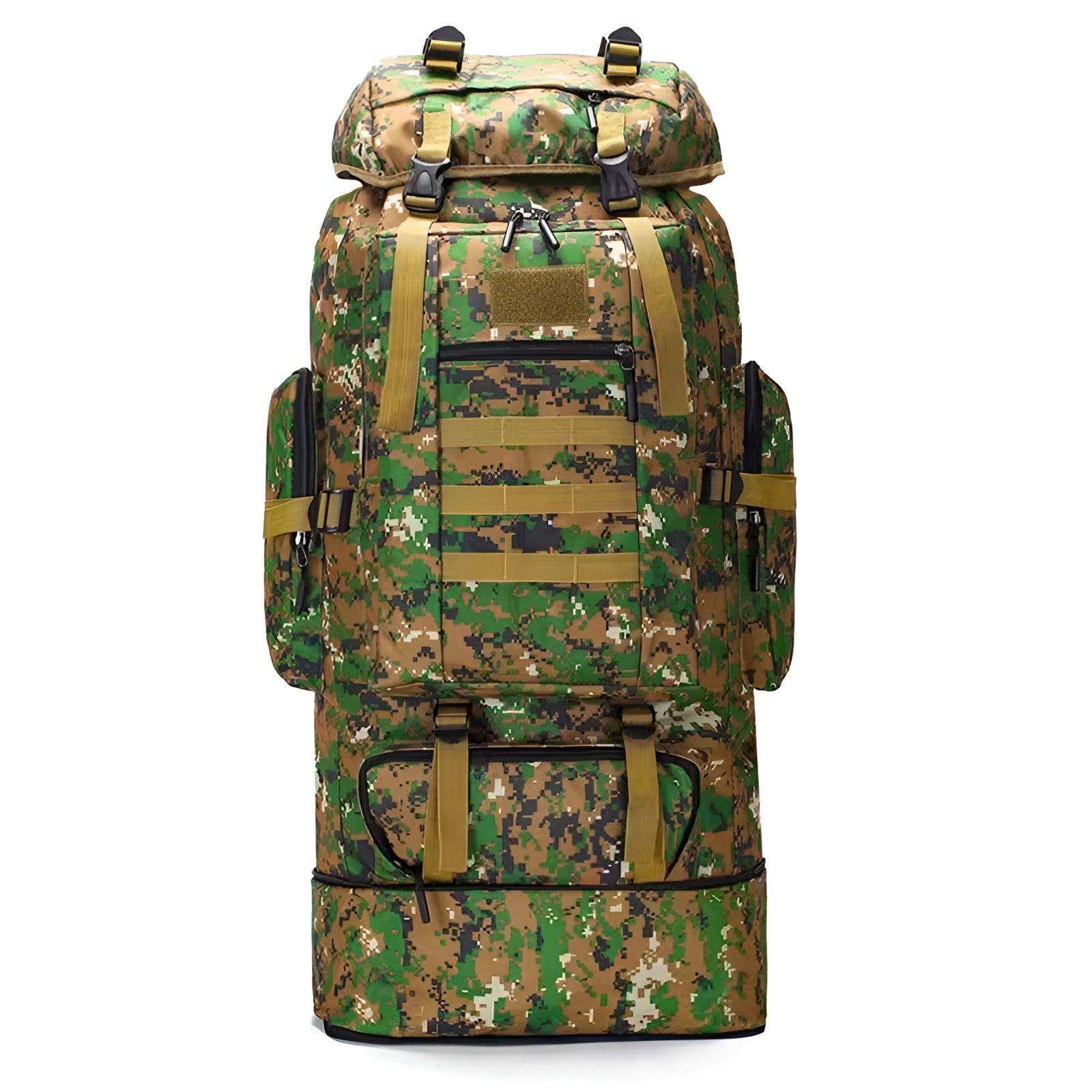 High-Capacity Camouflage Tactical Backpack - Military Rucksack, Style B, featuring a brown camouflage pattern, multiple compartments, and rectangular design, suitable for outdoor activities and travel.