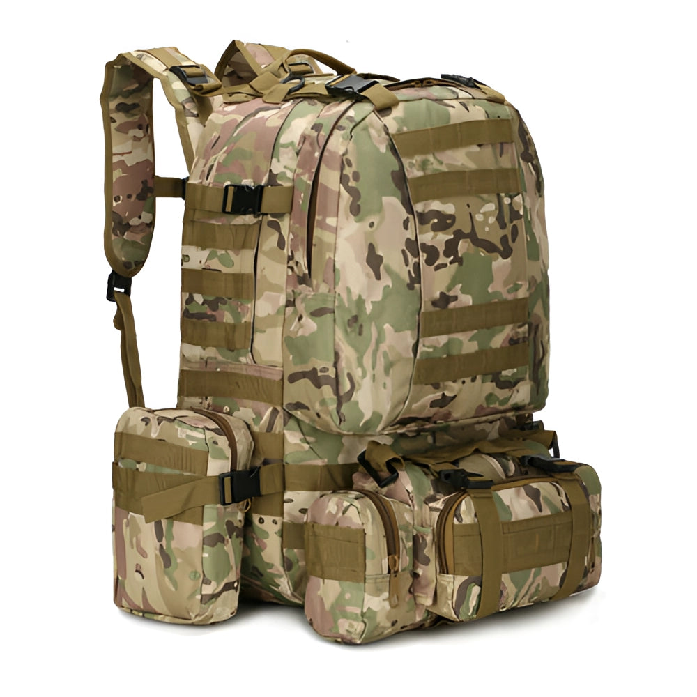 High-capacity khaki tactical backpack with camouflage pattern, featuring durable military MOLLE webbing, suitable for army use.