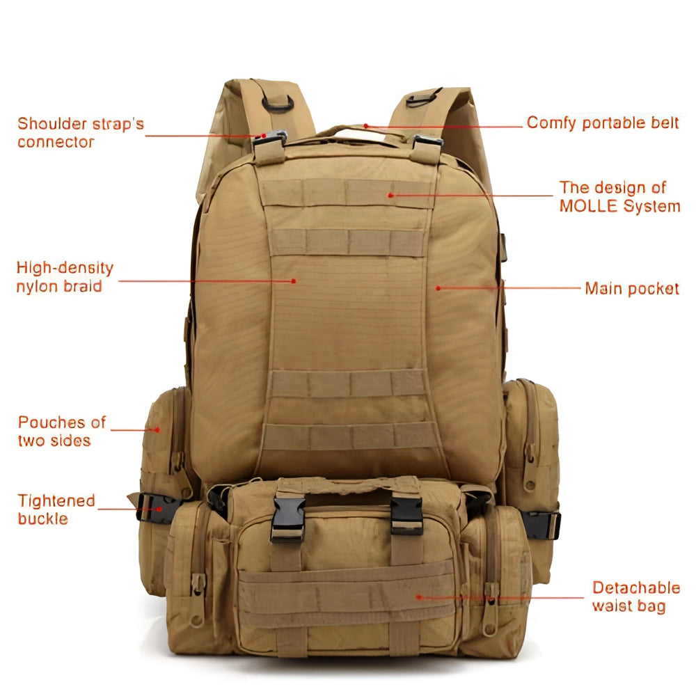 High-Capacity Khaki Tactical Backpack - Durable Military MOLLE Rucksack in brown, designed for travel and personal protective equipment, featuring multiple sleeves and compartments.