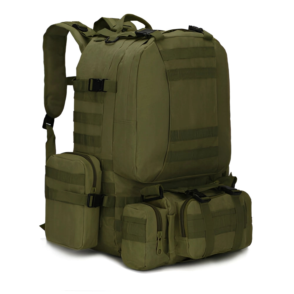 High-Capacity Green Tactical Backpack - Durable Military MOLLE Rucksack with multiple compartments and khaki accents.