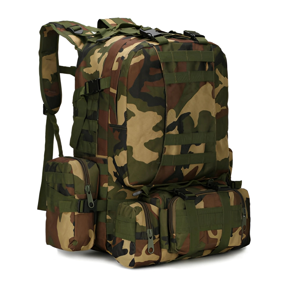 High-capacity khaki tactical backpack in jungle camouflage pattern, featuring durable military MOLLE design and multiple compartments.