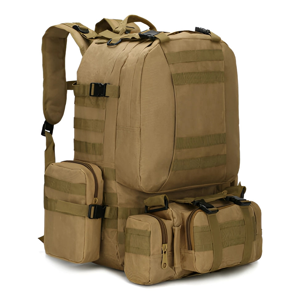 High-Capacity Khaki Tactical Backpack in Brown - Durable Military MOLLE Rucksack with multiple compartments and straps, ideal for personal protective equipment and outdoor activities.