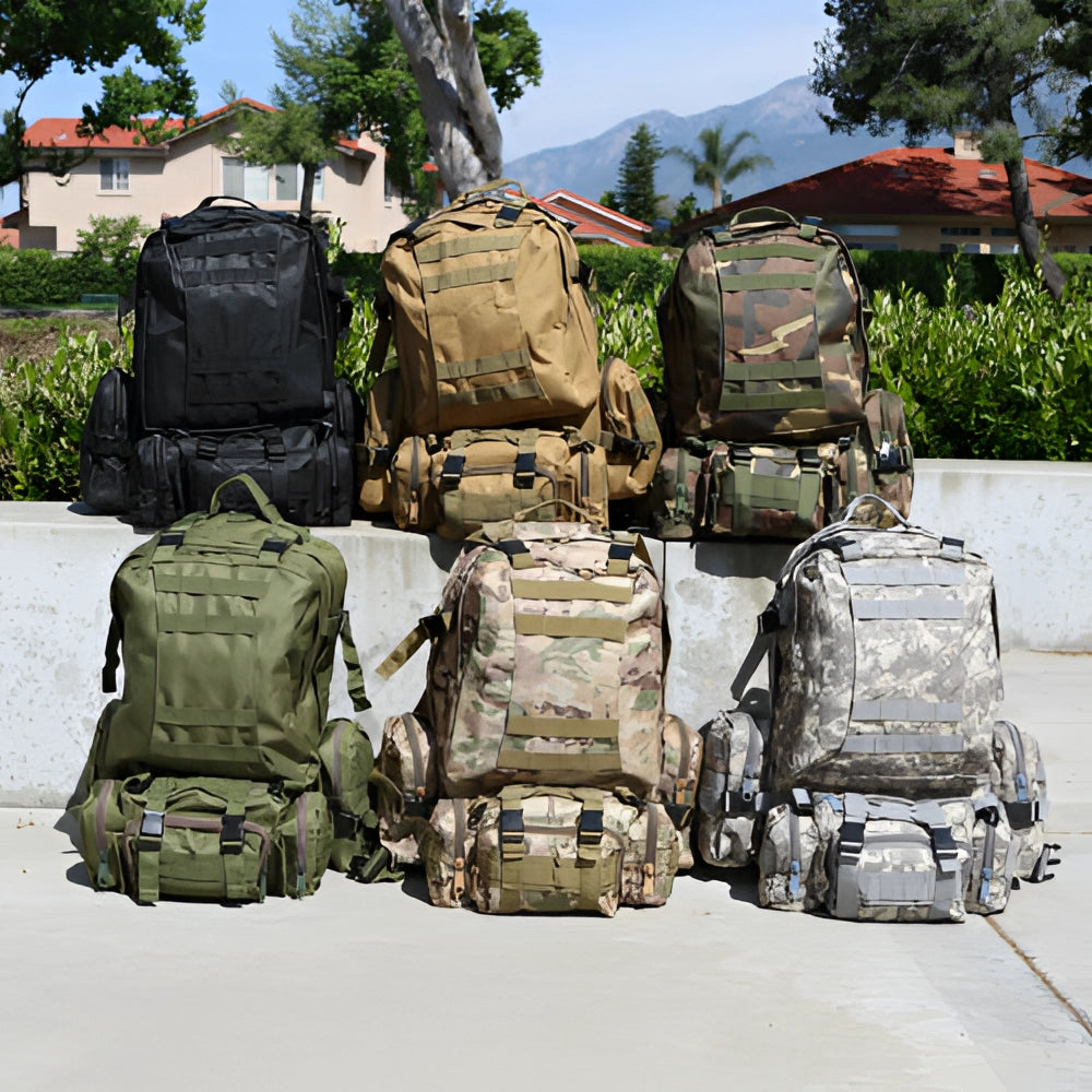 High-Capacity Khaki Tactical Backpack with MOLLE system in a military camouflage pattern, shown in an outdoor setting with trees and a vehicle in the background.