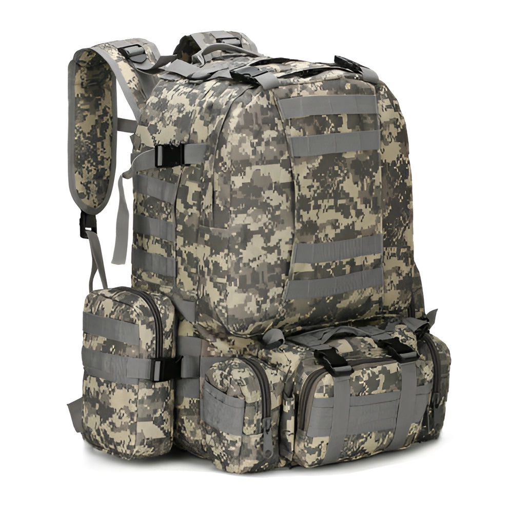 High-Capacity Khaki Tactical Backpack in ACU-Gray with durable military MOLLE design, featuring a rectangular shape and camouflage pattern, ideal for travel and outdoor use.