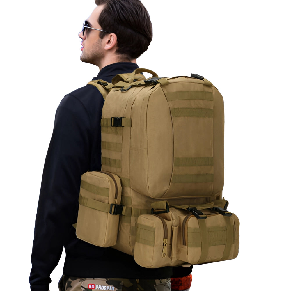 High-Capacity Khaki Tactical Backpack - Durable Military MOLLE Rucksack with multiple compartments, shown worn by a person, featuring sturdy straps and a robust design.